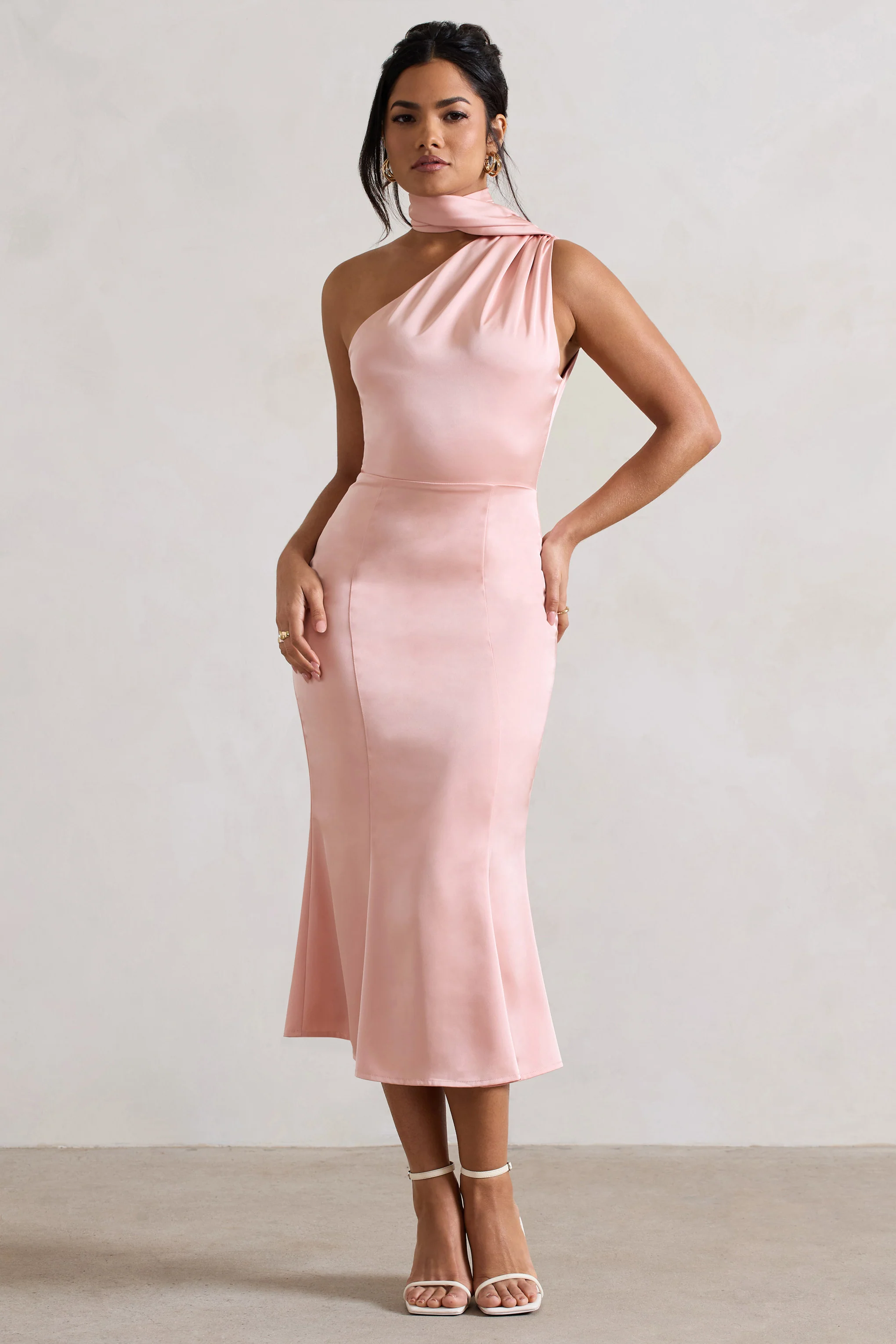 Golden Girl | Blush Pink Satin One Shoulder High-Neck Flared Midi Dress - Image 6
