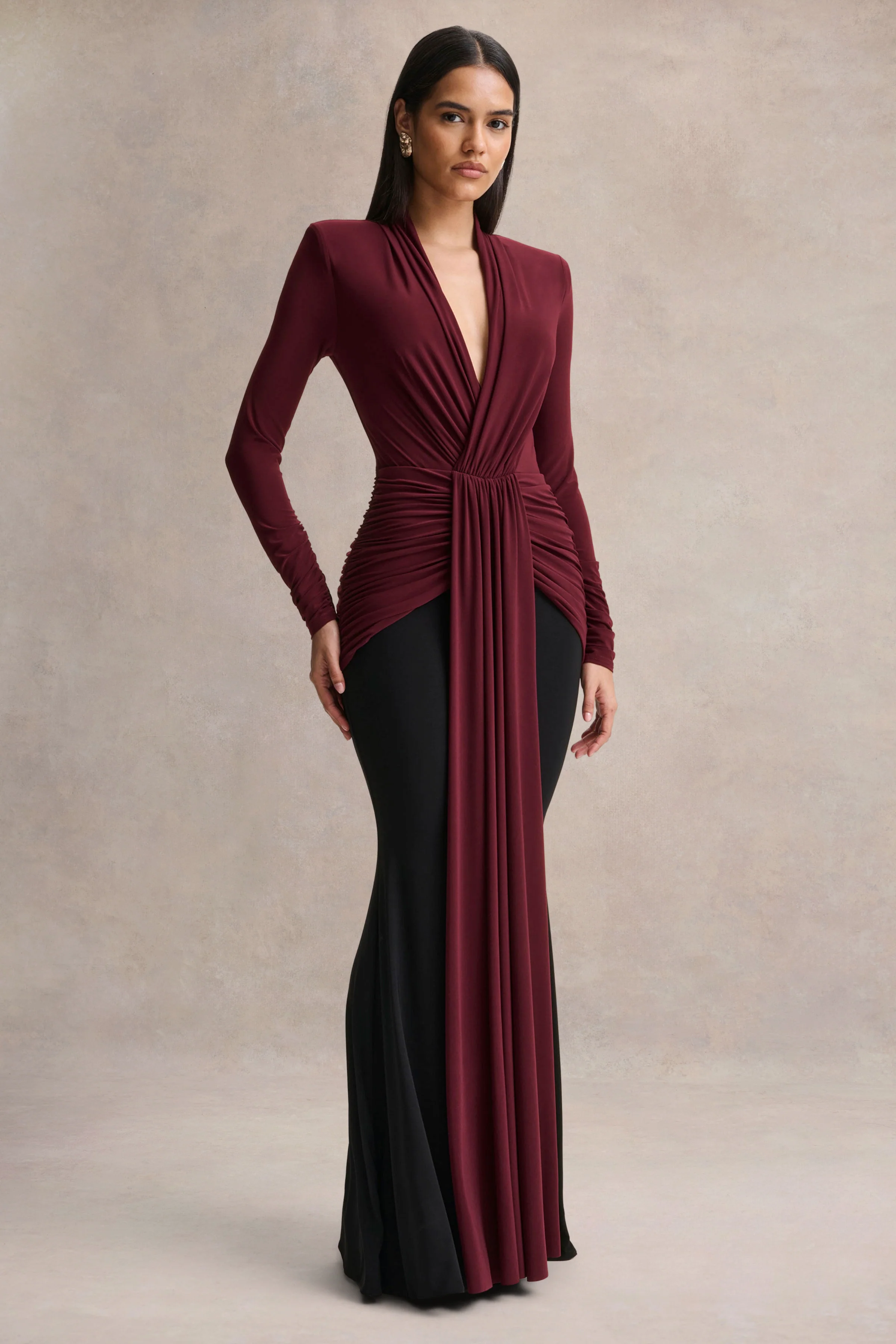Halston | Burgundy And Black Plunge-Neck Maxi Dress With Gathered-Detailing - Image 4