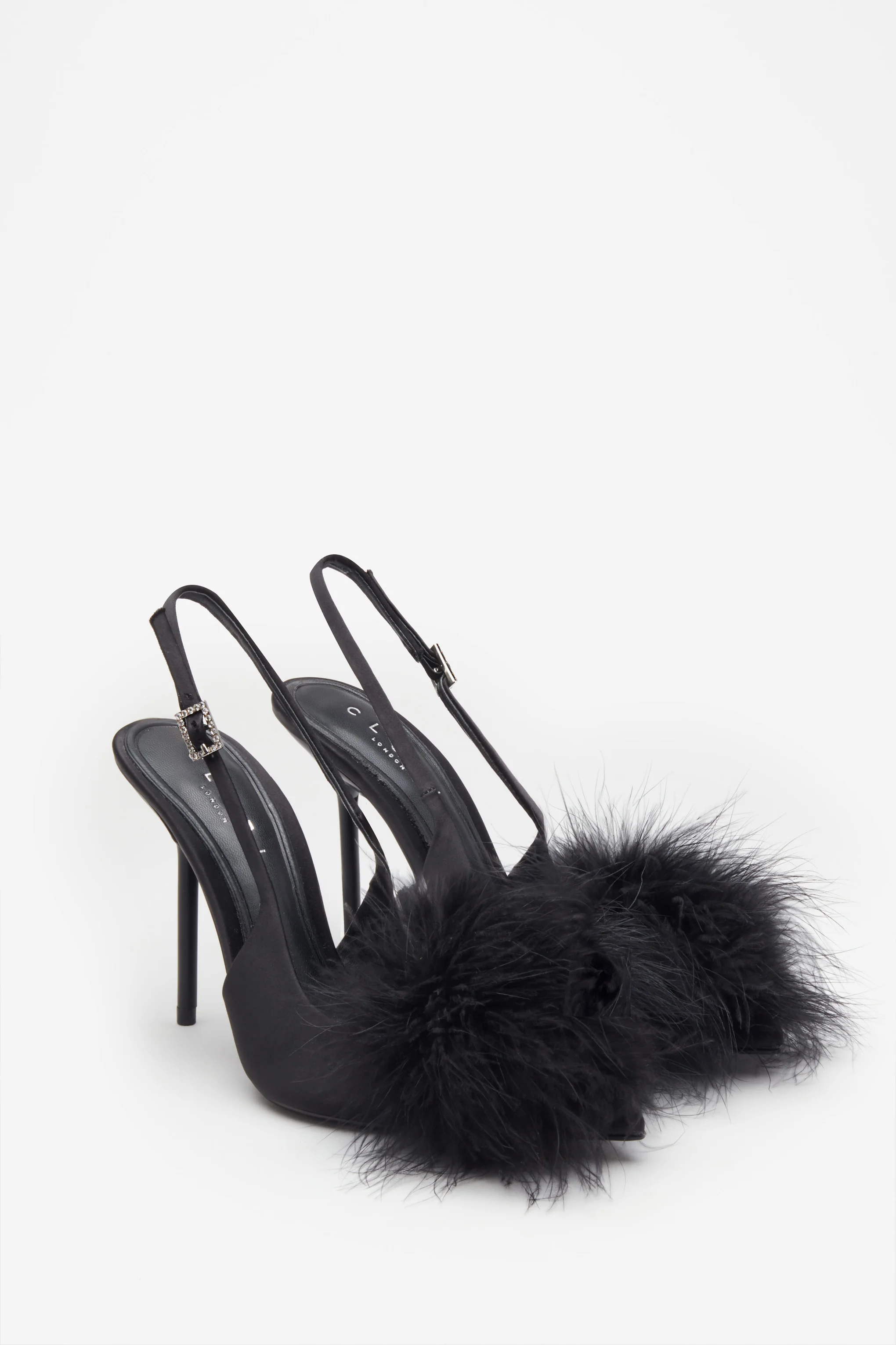 High Pitched | Black Satin Sling Back Heels With Pom Poms - Image 3