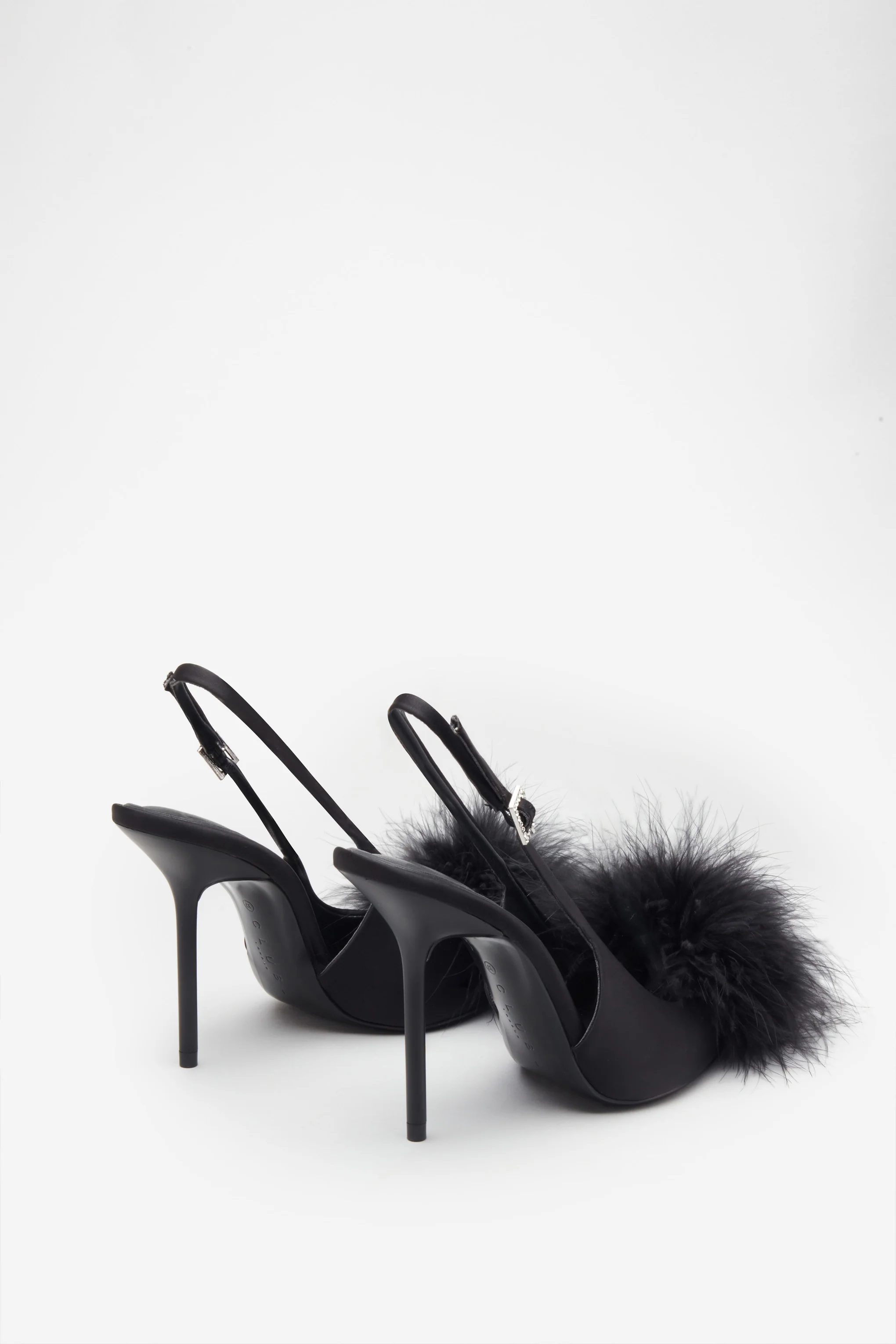 High Pitched | Black Satin Sling Back Heels With Pom Poms - Image 4