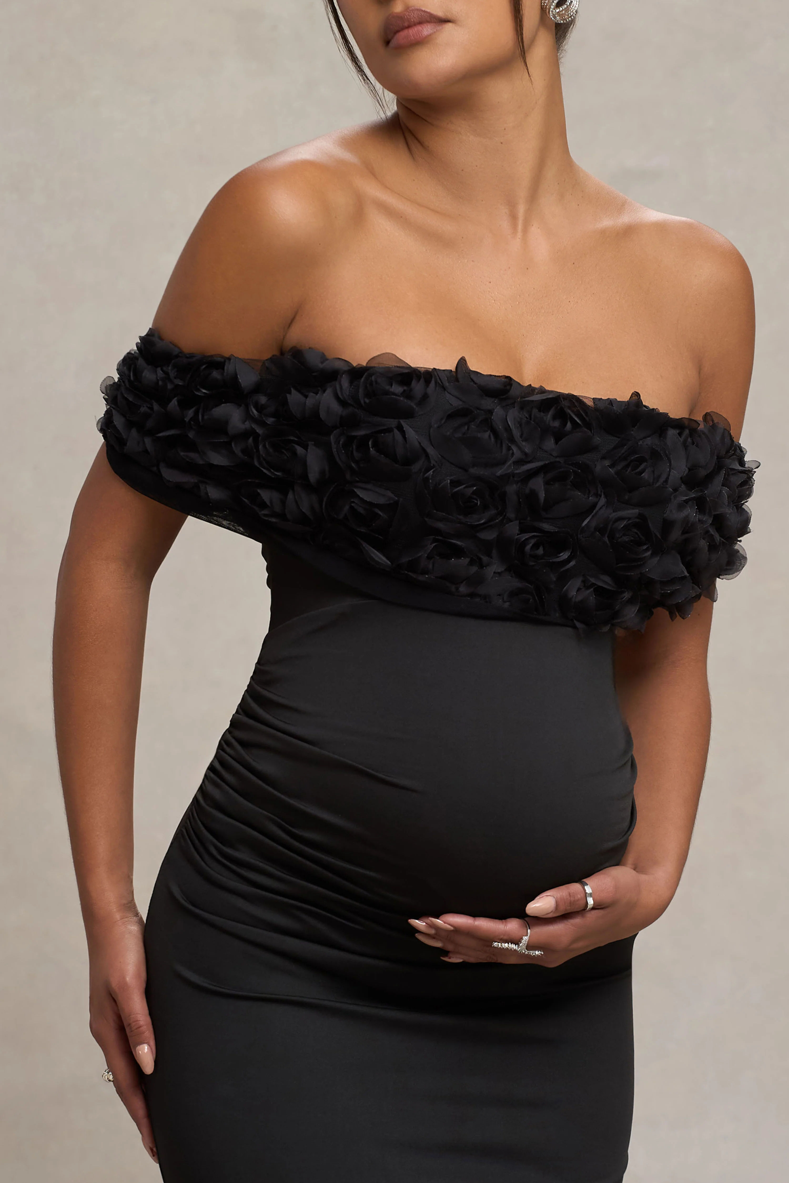 Inflorescence | Black Mesh Floral Bardot Maternity Maxi Dress - Image 3