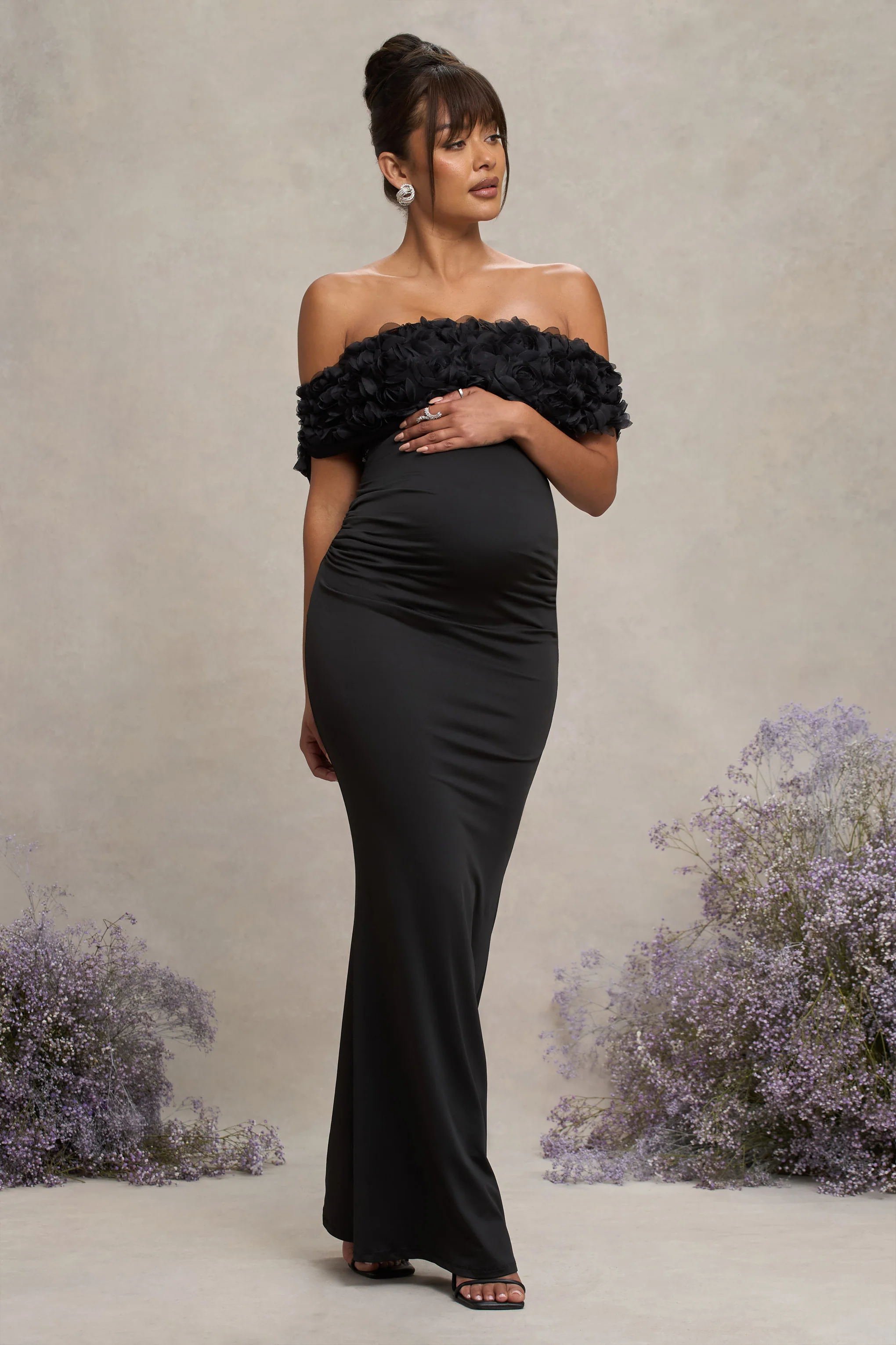Inflorescence | Black Mesh Floral Bardot Maternity Maxi Dress - Image 4