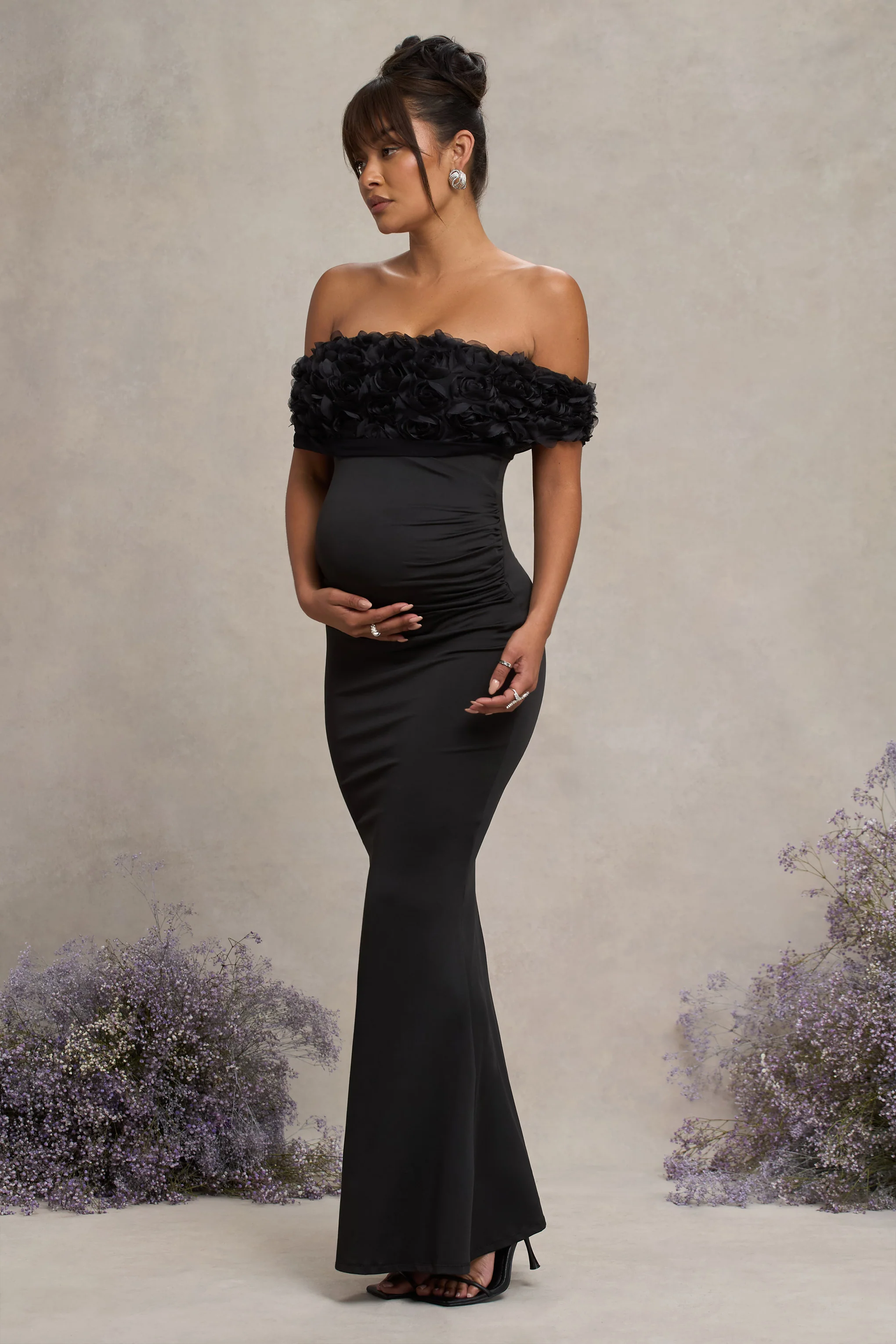 Inflorescence | Black Mesh Floral Bardot Maternity Maxi Dress - Image 5