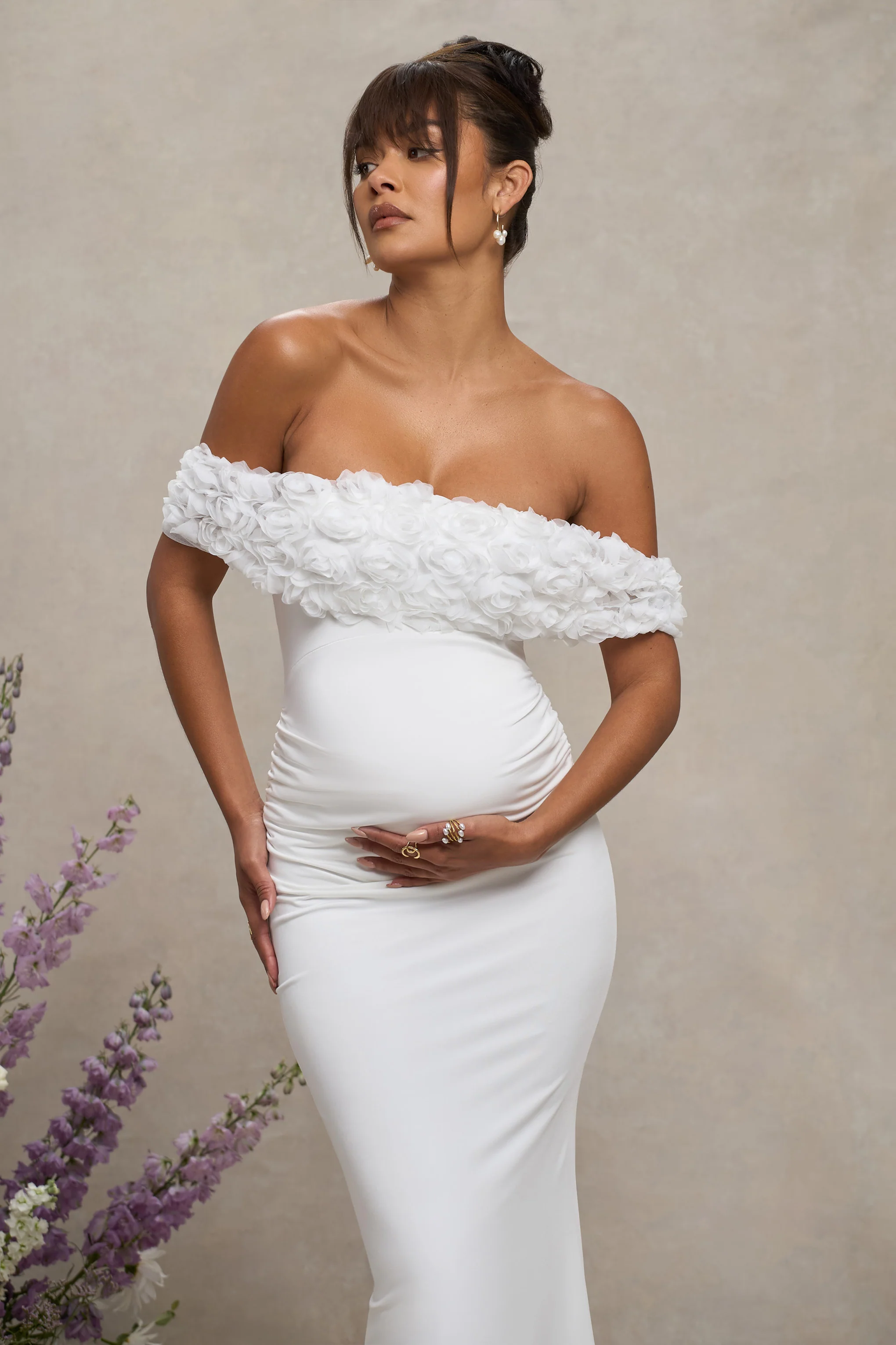Inflorescence | White Mesh Floral Bardot Maternity Maxi Dress - Image 3