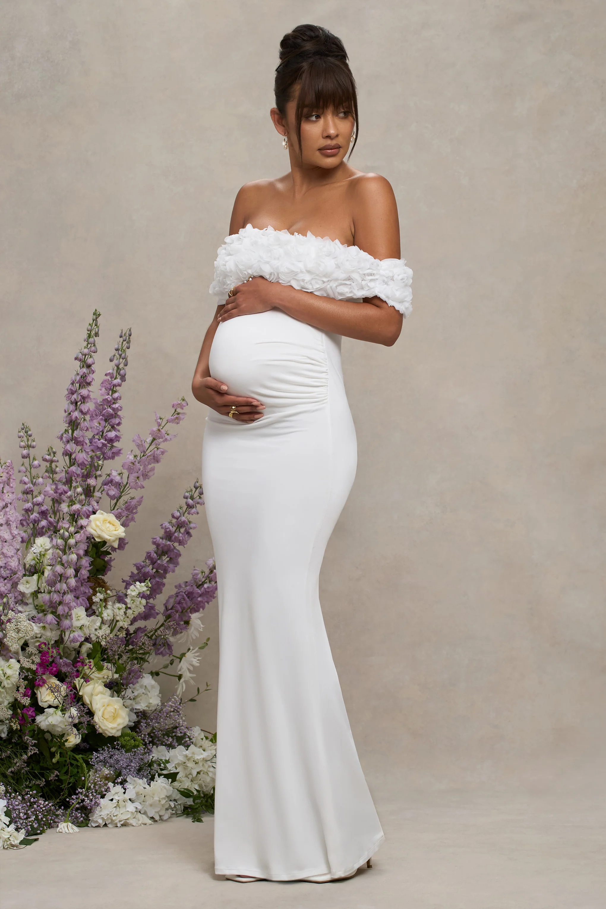 Inflorescence | White Mesh Floral Bardot Maternity Maxi Dress - Image 4