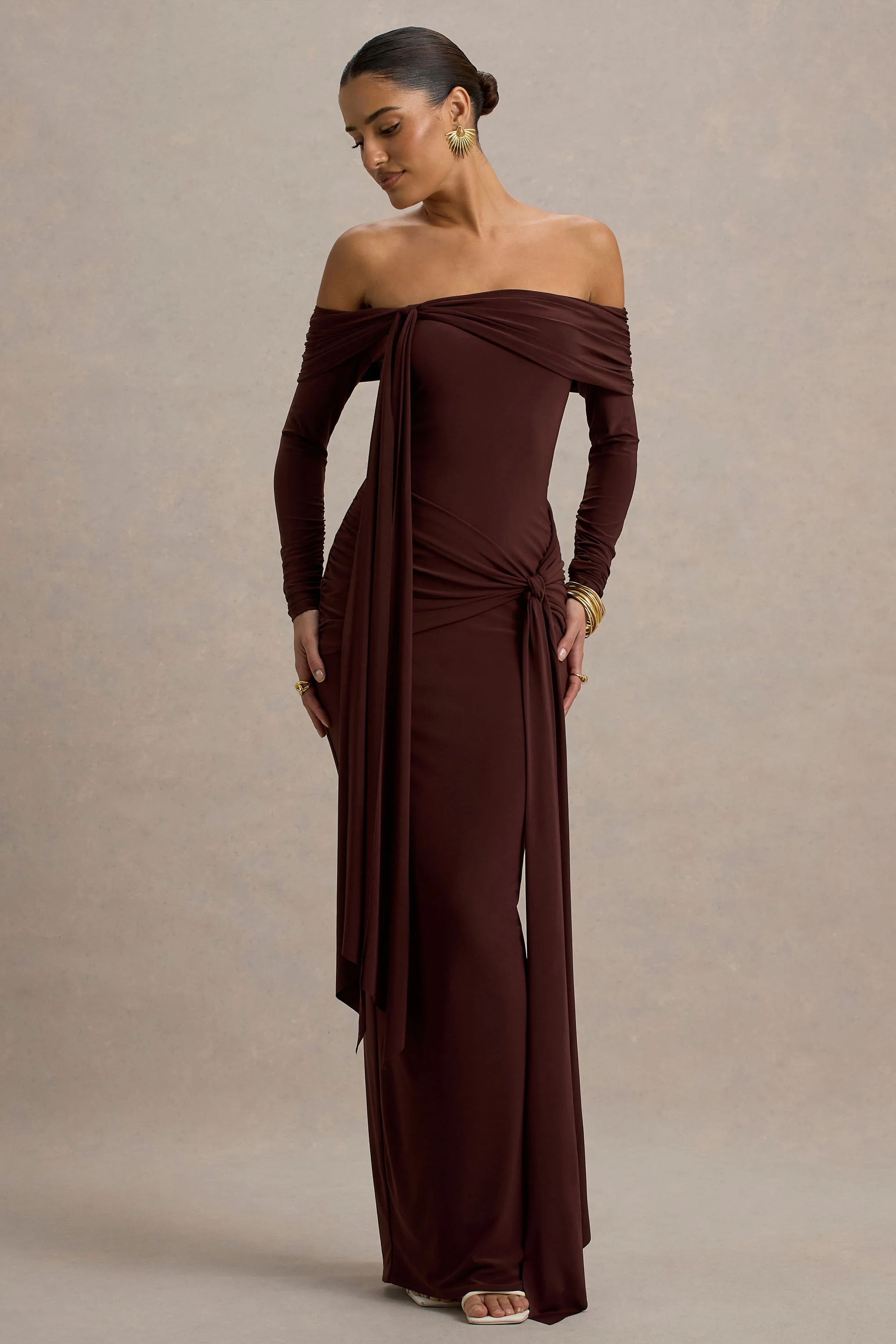 Jovie | Brown Bardot Wrap Maxi Dress With Sash Detail - Image 5