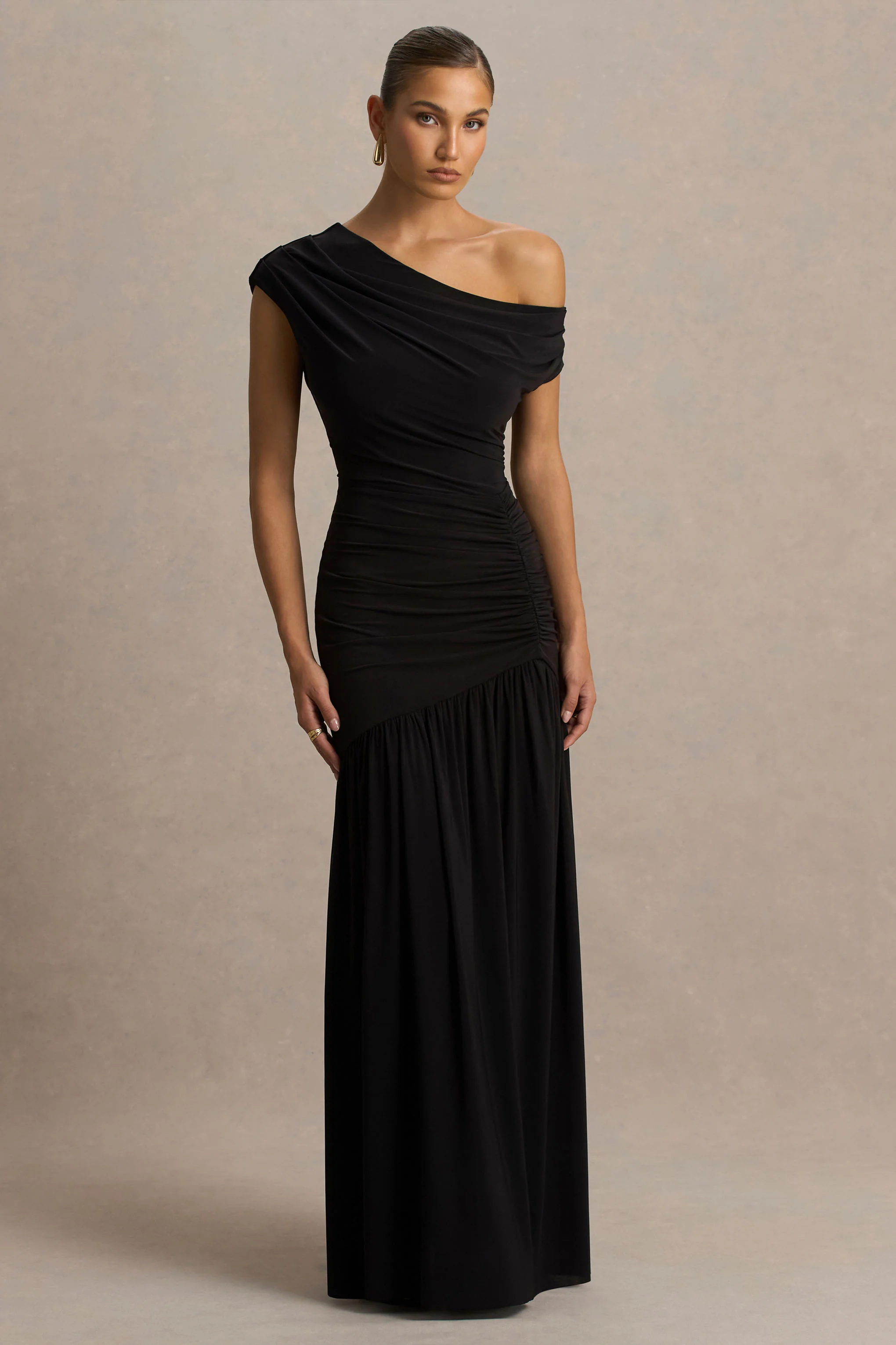 Kady | Black Asymmetric-Neck Maxi Dress With Ruched Detailing and Front-High Split - Image 4