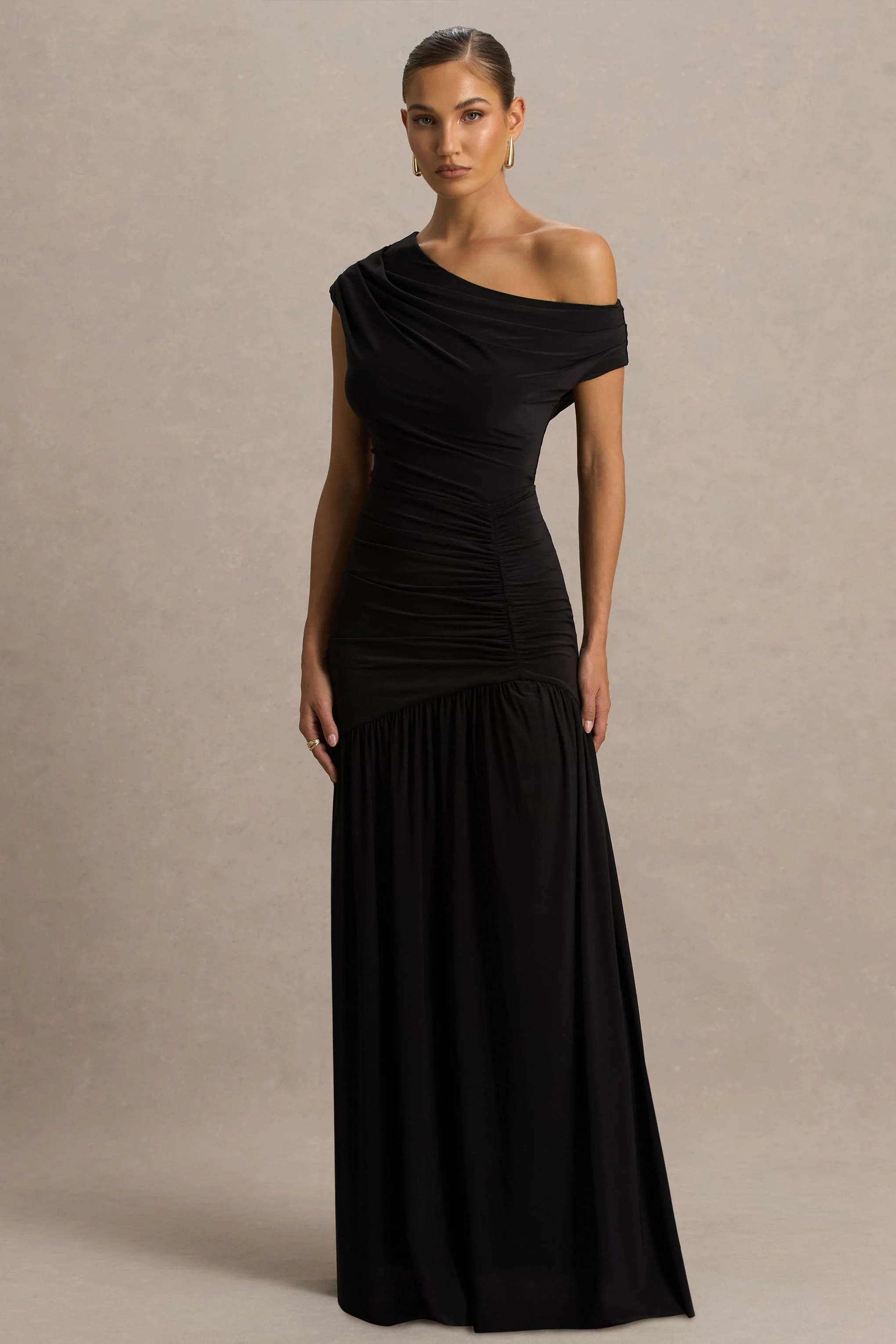 Kady | Black Asymmetric-Neck Maxi Dress With Ruched Detailing and Front-High Split - Image 5