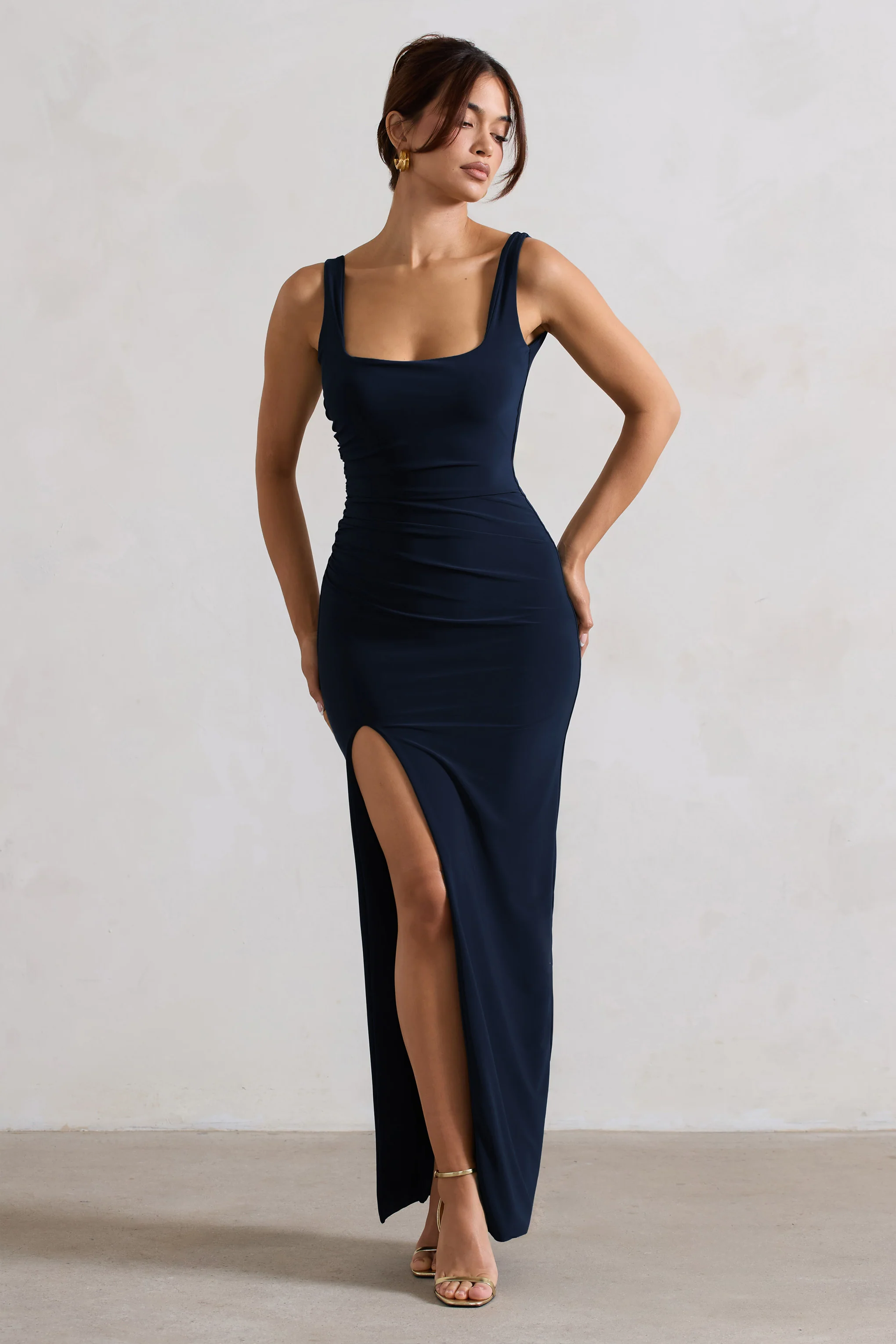 Kate | Navy Square Neck Maxi Dress with Plunge Back and Side Thigh Split - Image 3
