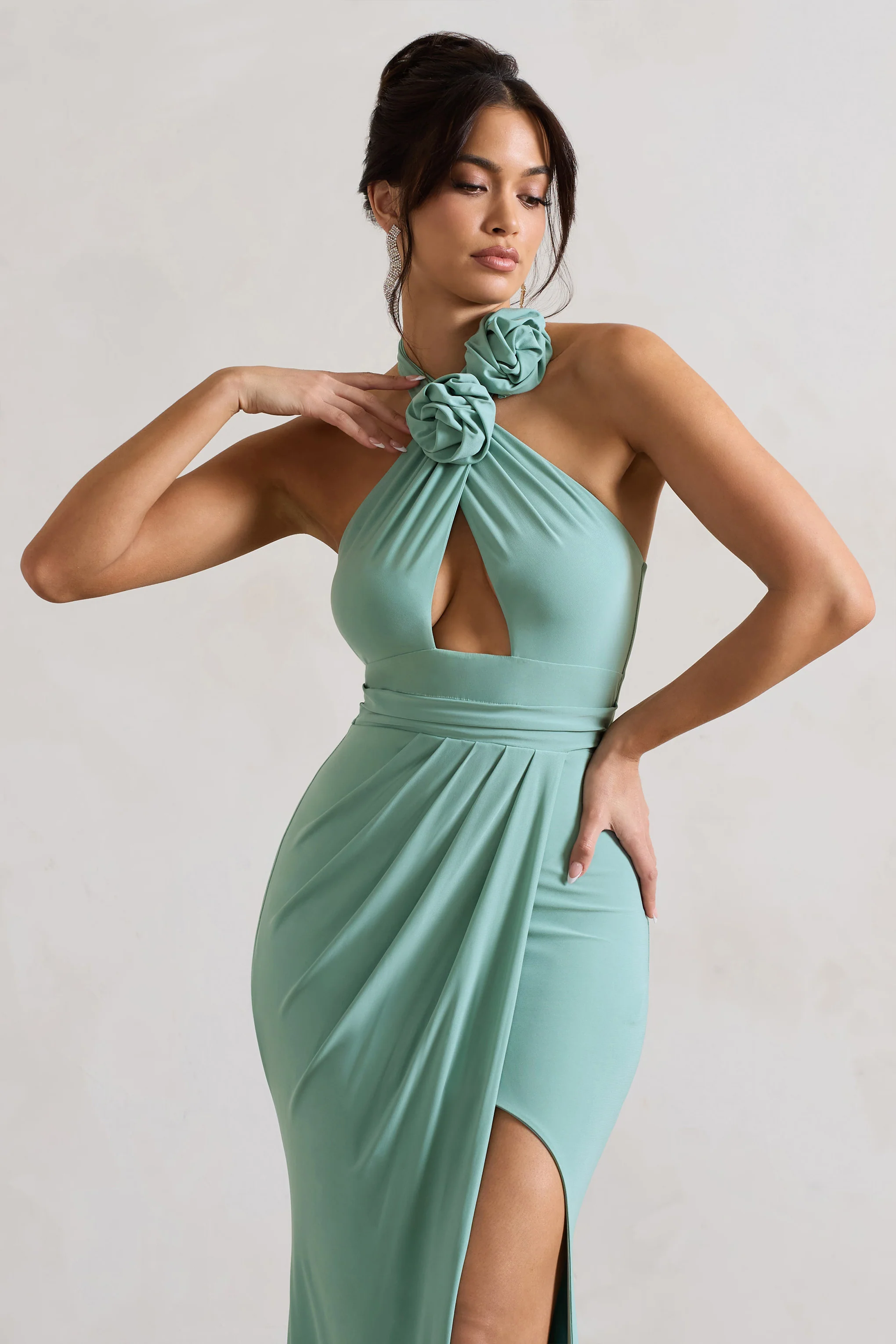 Kira | Sage Halter-Neck Cut-Out Split Maxi Dress With Flowers - Image 3