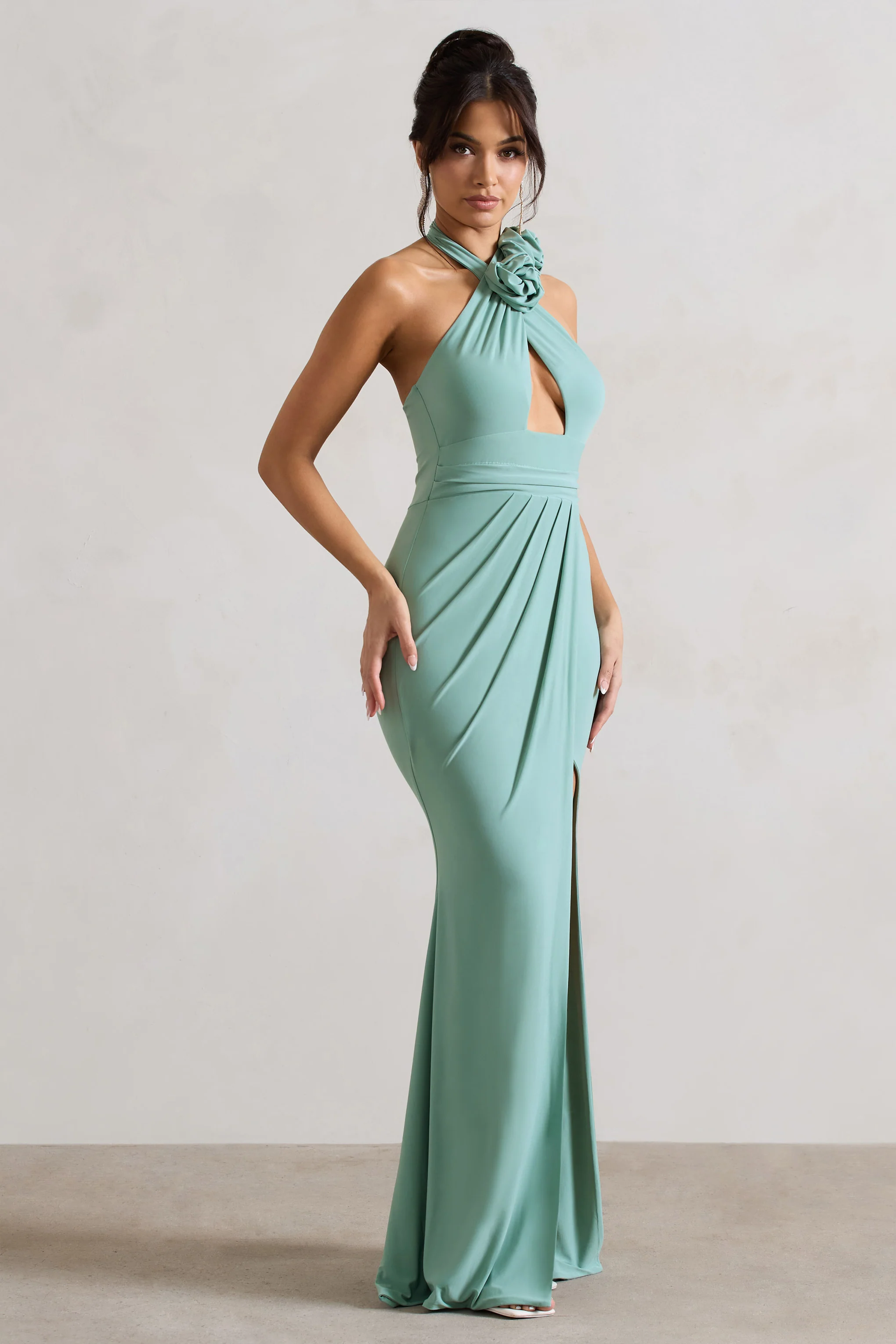 Kira | Sage Halter-Neck Cut-Out Split Maxi Dress With Flowers - Image 5