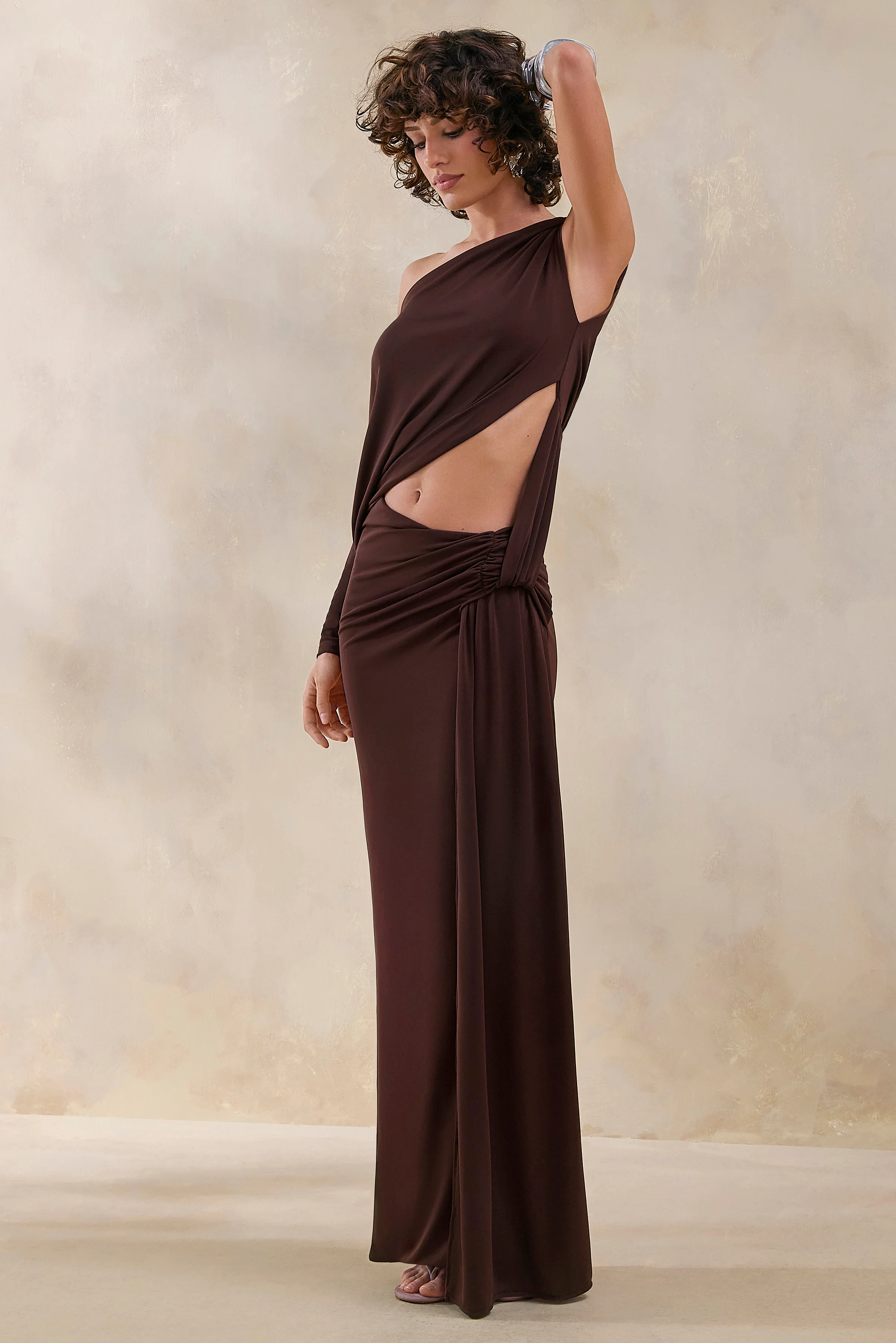 Layla | Brown Asymmetric-Neck Wrap Maxi Dress With Body Cut-Out And Ruched Detailing - Image 4
