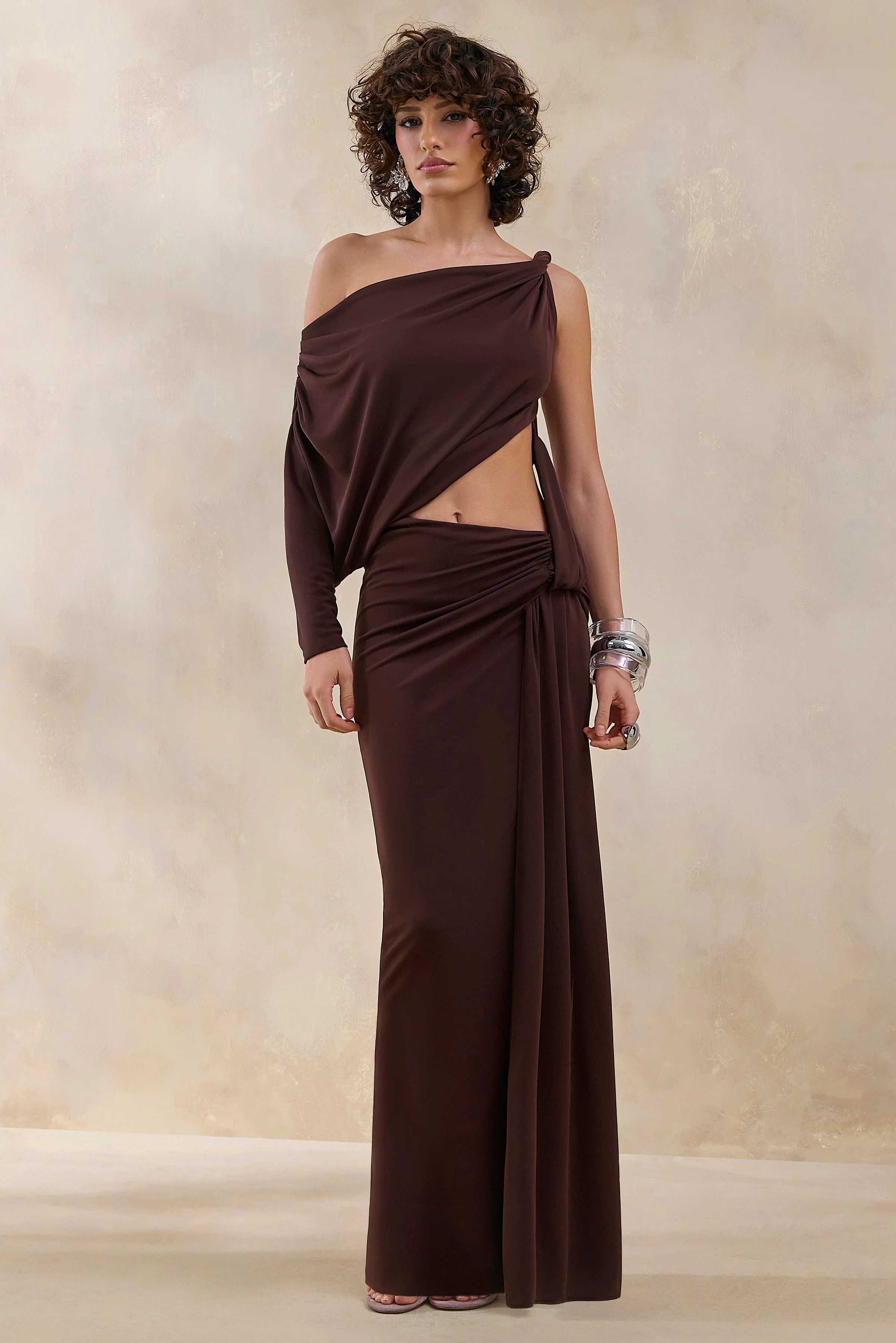 Layla | Brown Asymmetric-Neck Wrap Maxi Dress With Body Cut-Out And Ruched Detailing - Image 5