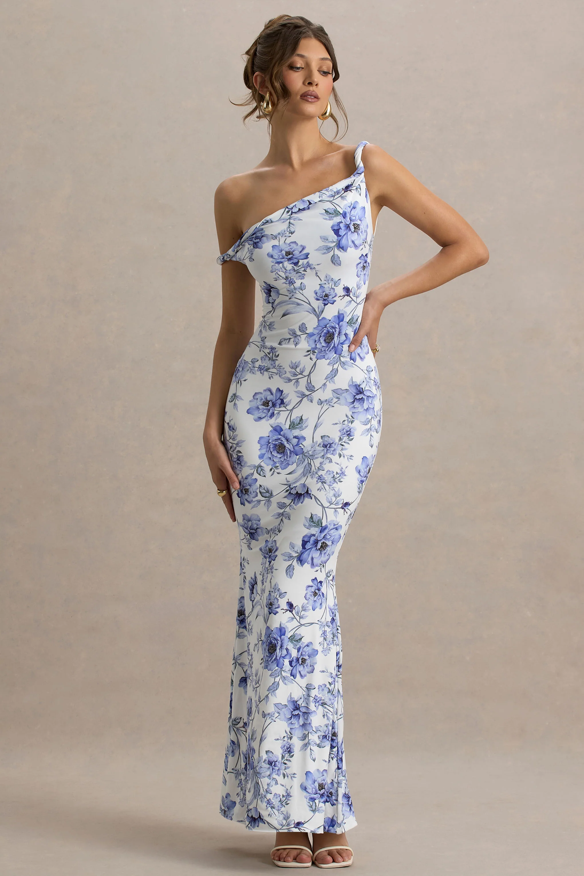 Lita | Blue Floral Print Twisted Asymmetric Maxi Dress - Image 4