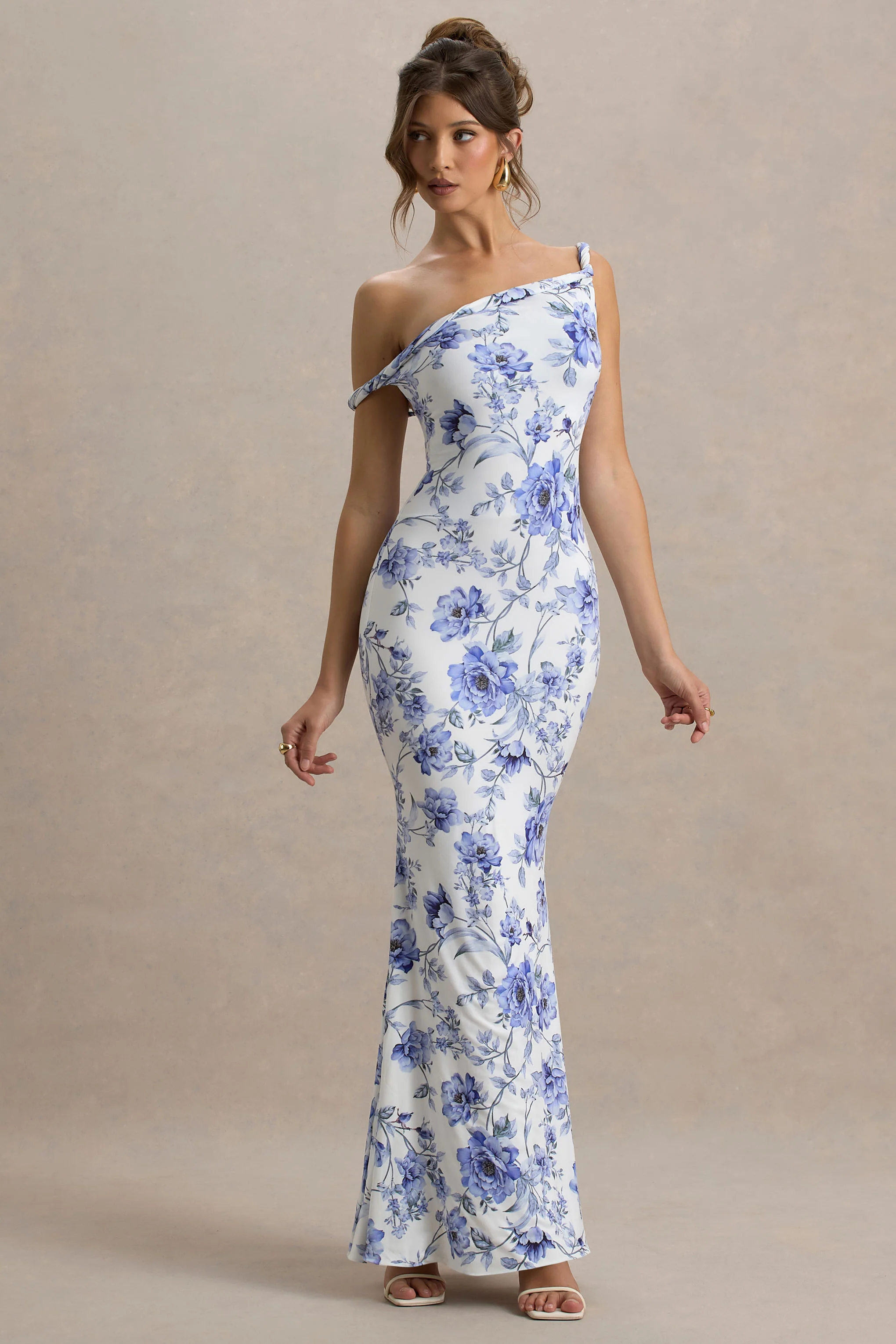 Lita | Blue Floral Print Twisted Asymmetric Maxi Dress - Image 5