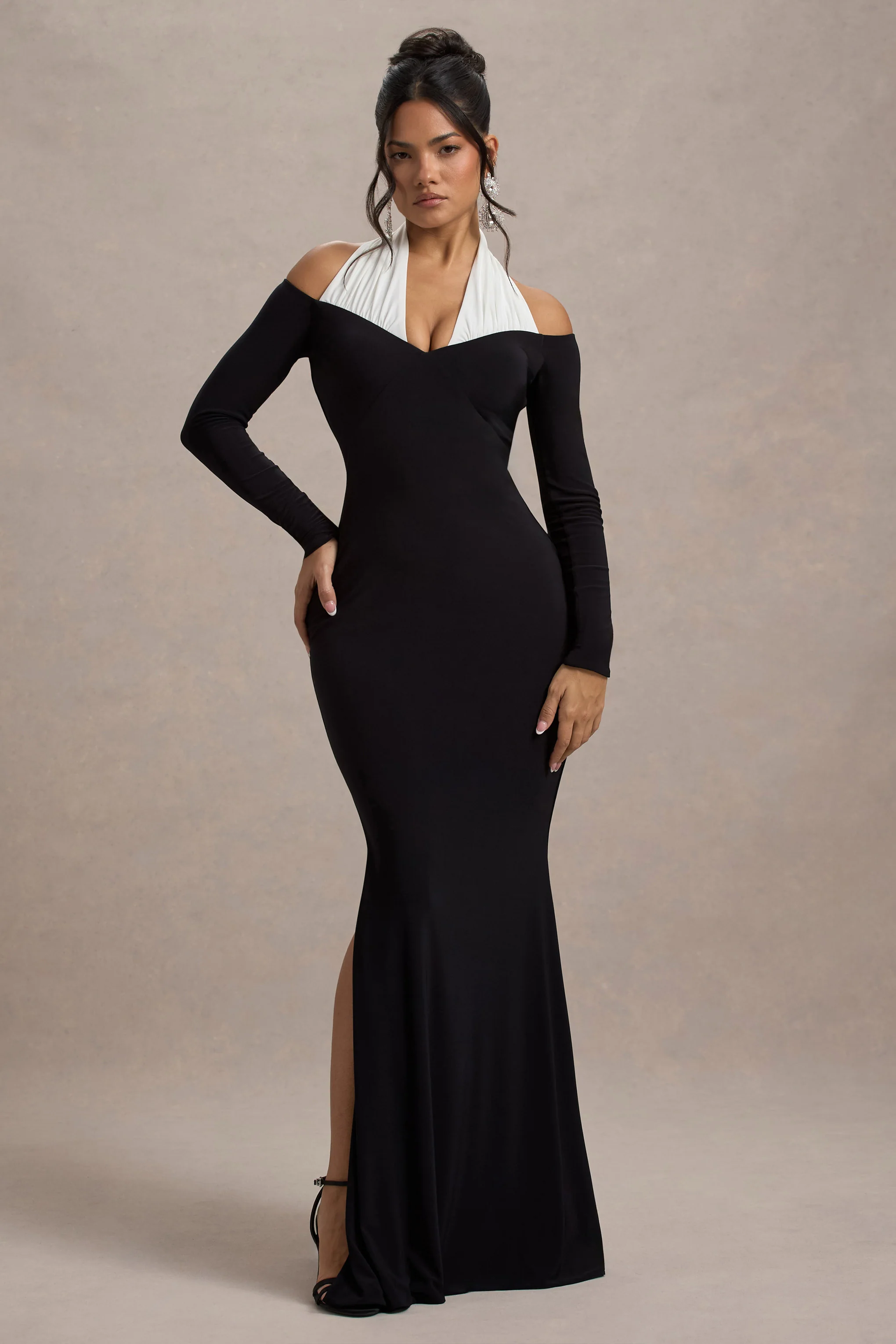 Living High | Black & White Halter-Neck Split Maxi Dress - Image 5