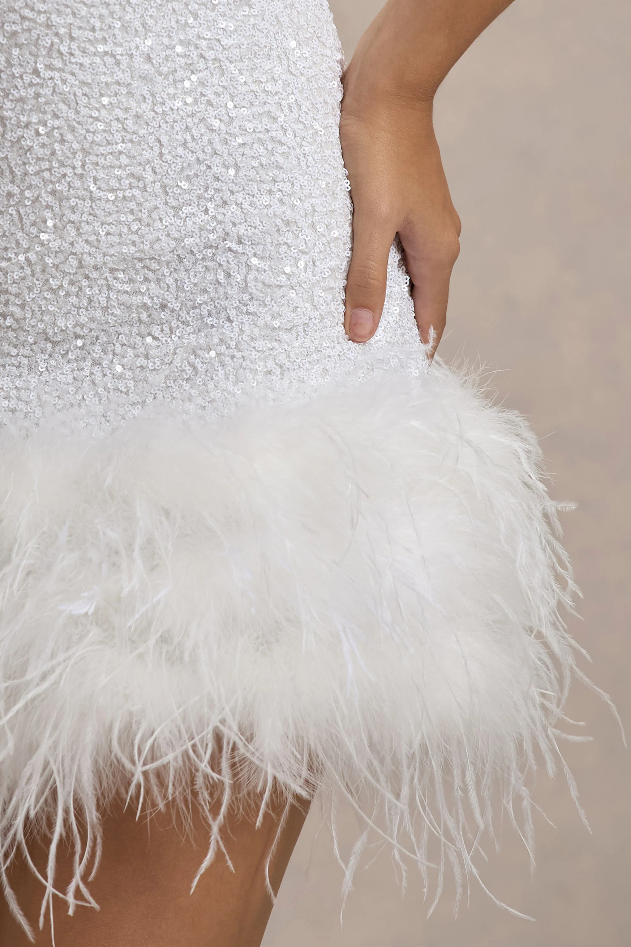 Lumi | White Sequin High-Neck Feather Trim Mini Dress - Image 6