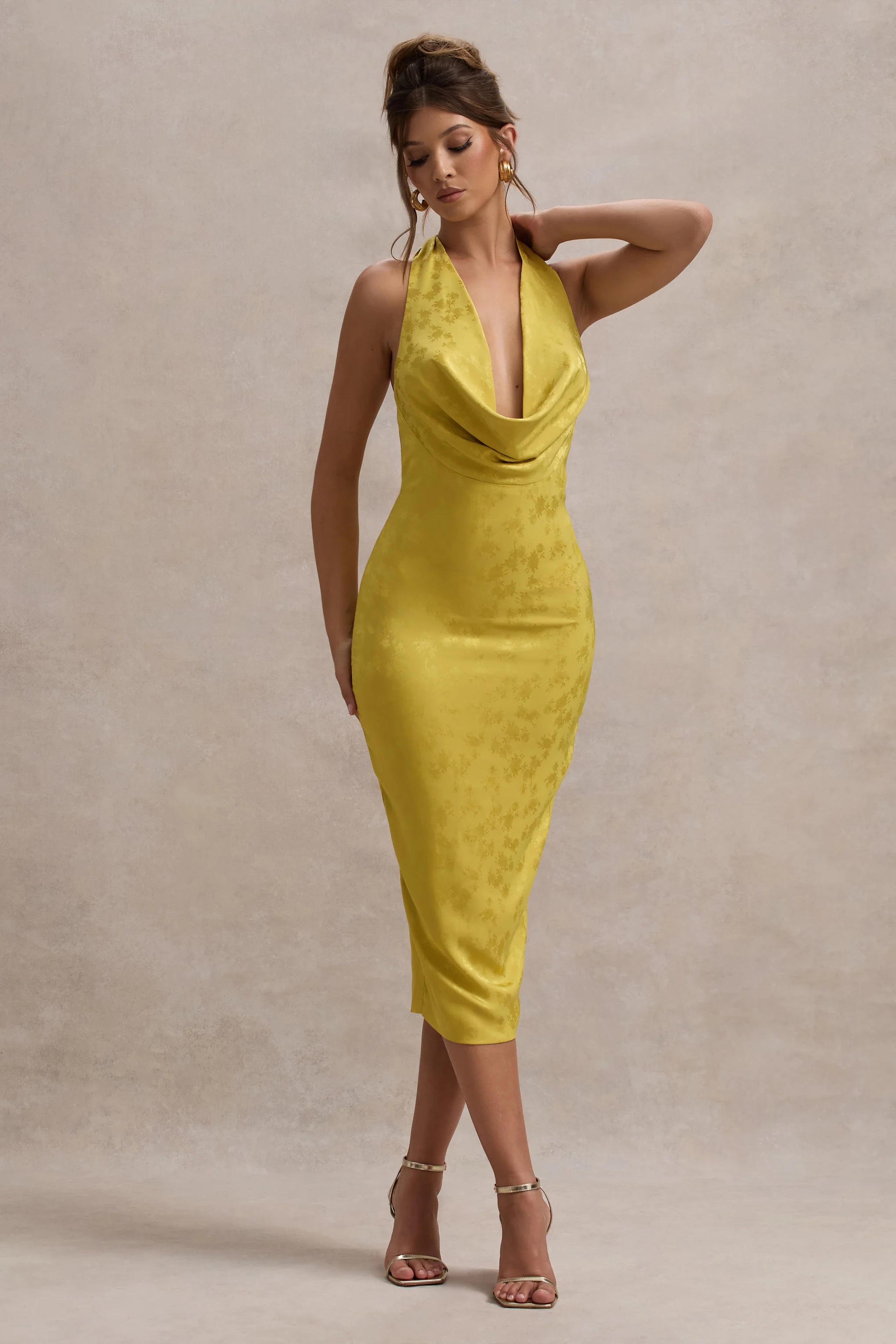 Maciza | Mustard Satin Jacquard Cowl-Neck Midi Dress - Image 5