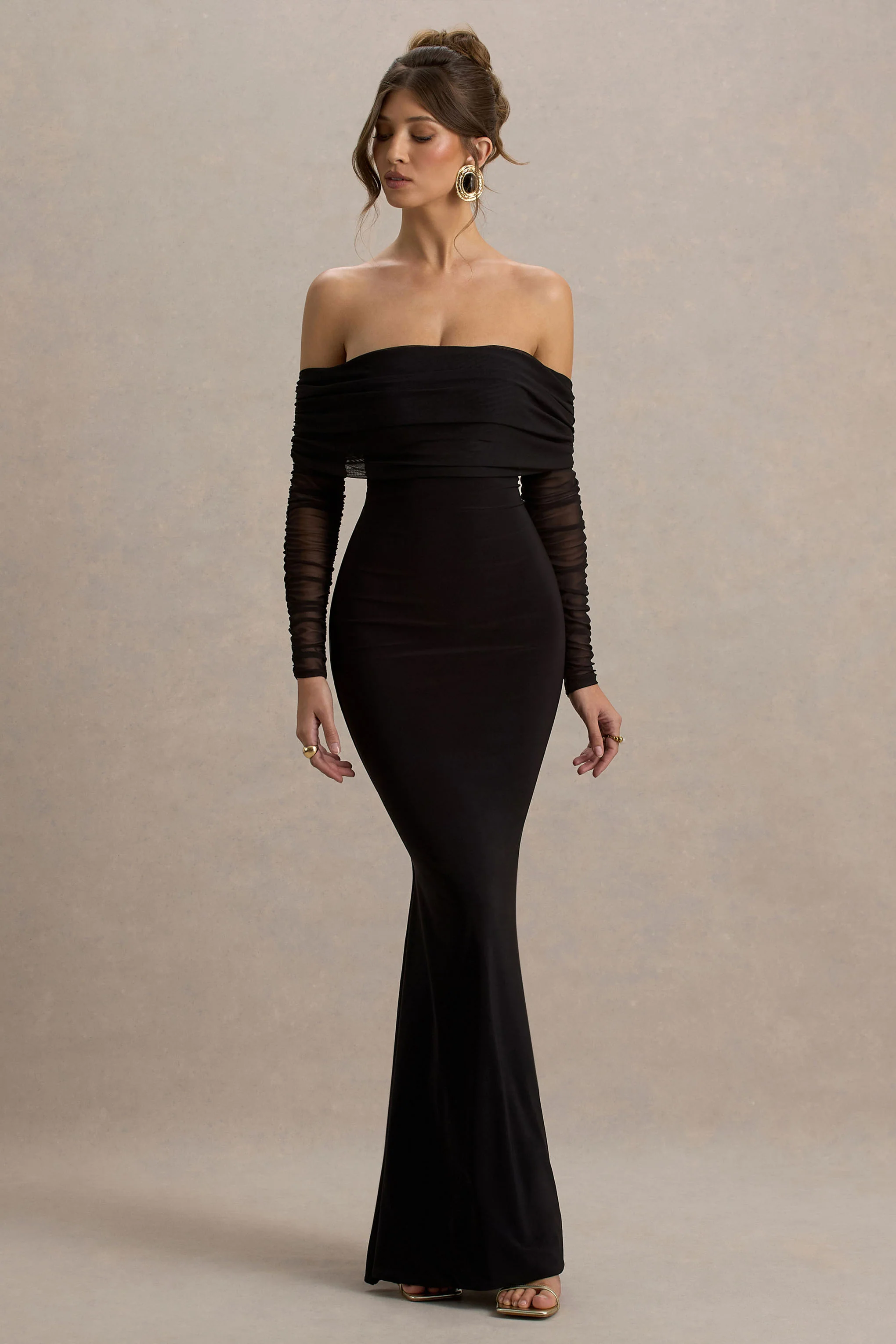 Madeleine | Black Fishtail Maxi Dress With Bardot Mesh Long Sleeves - Image 4