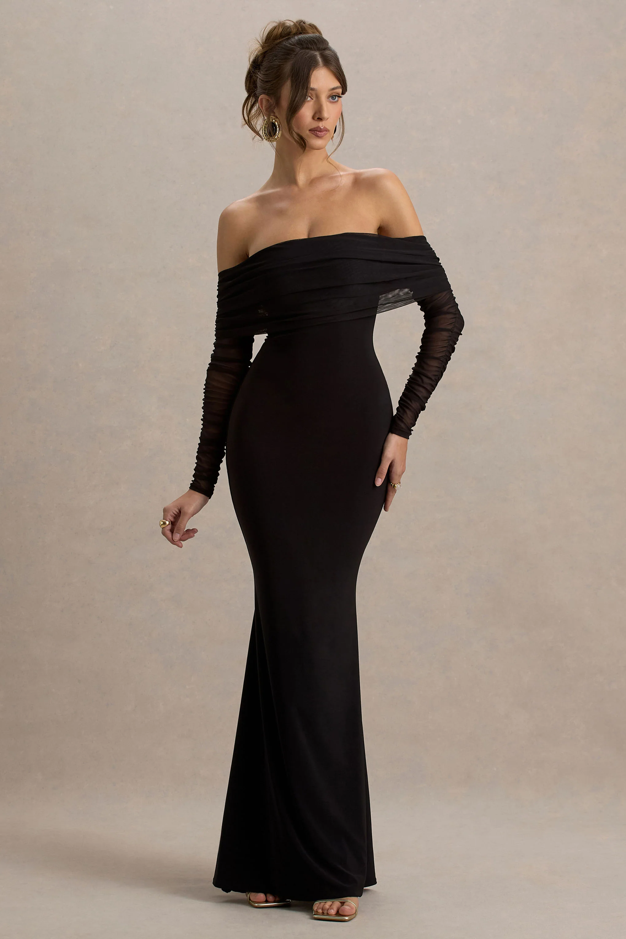 Madeleine | Black Fishtail Maxi Dress With Bardot Mesh Long Sleeves - Image 5