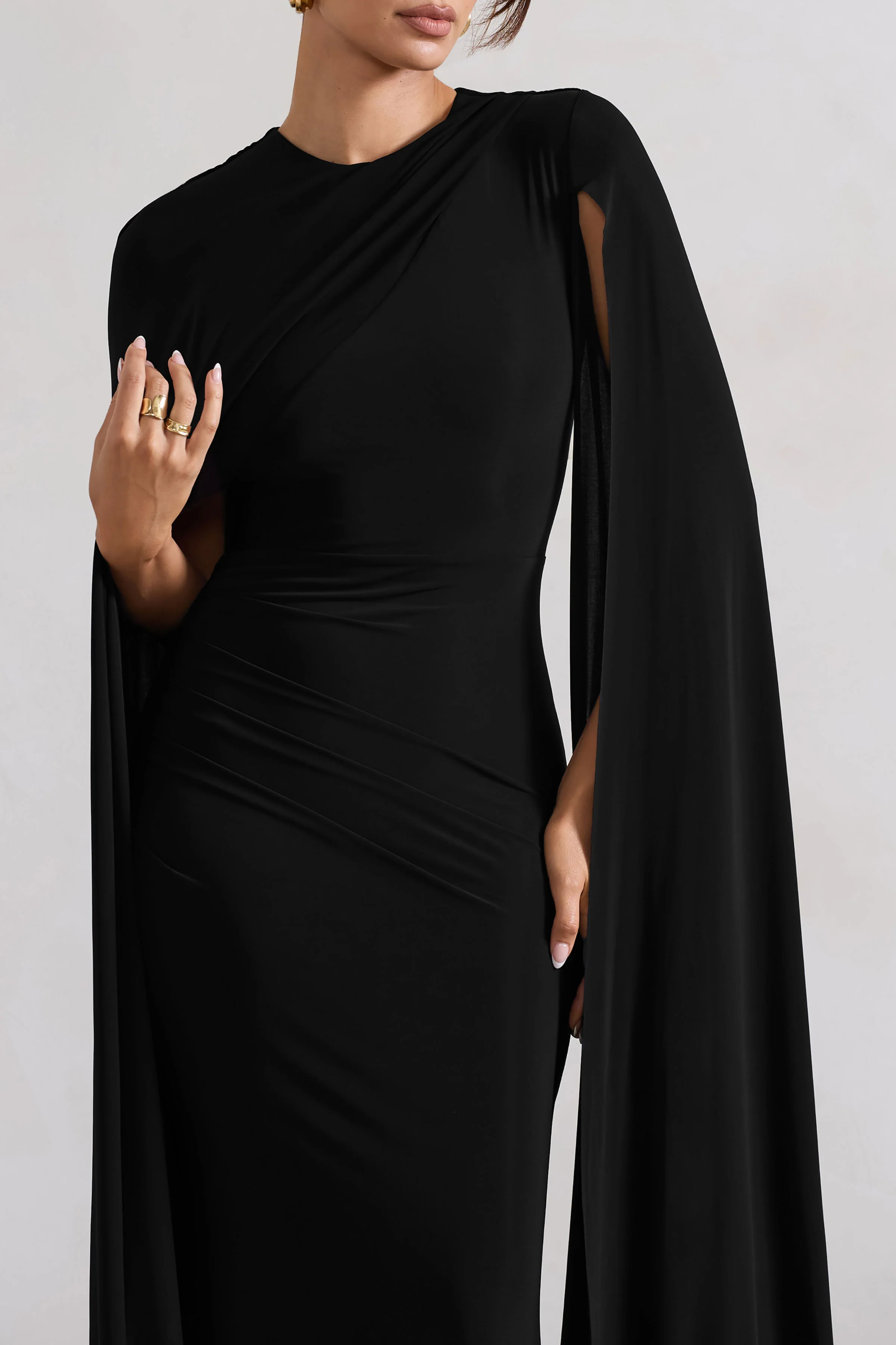 Magdelena | Black Asymmetric Cape Maxi Dress - Image 3