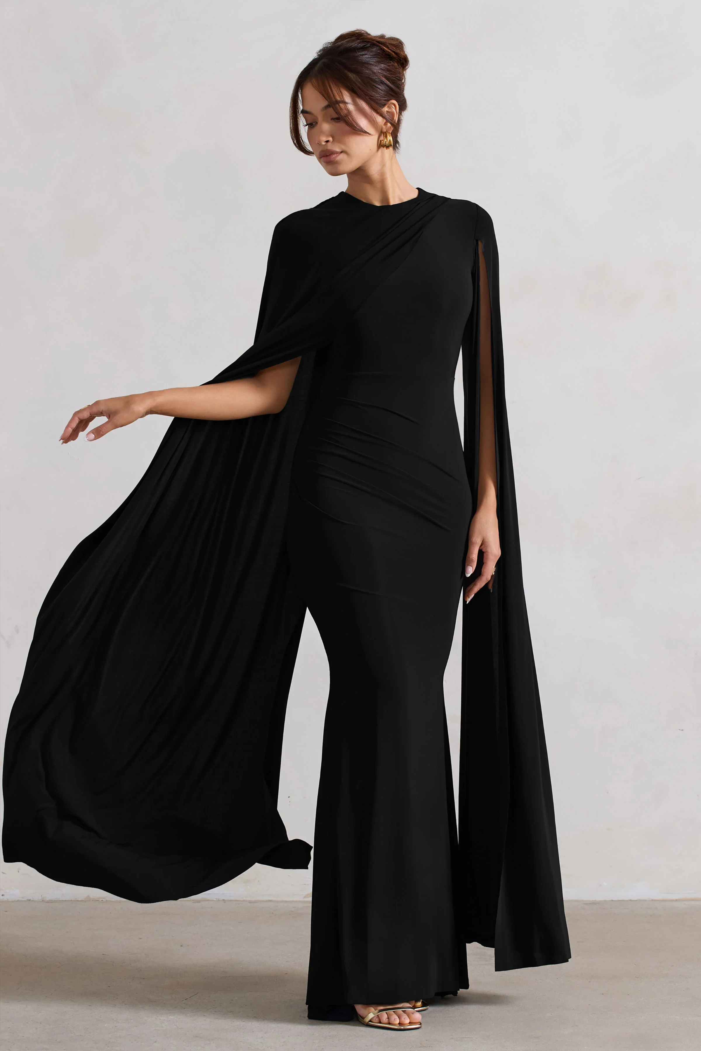 Magdelena | Black Asymmetric Cape Maxi Dress - Image 4