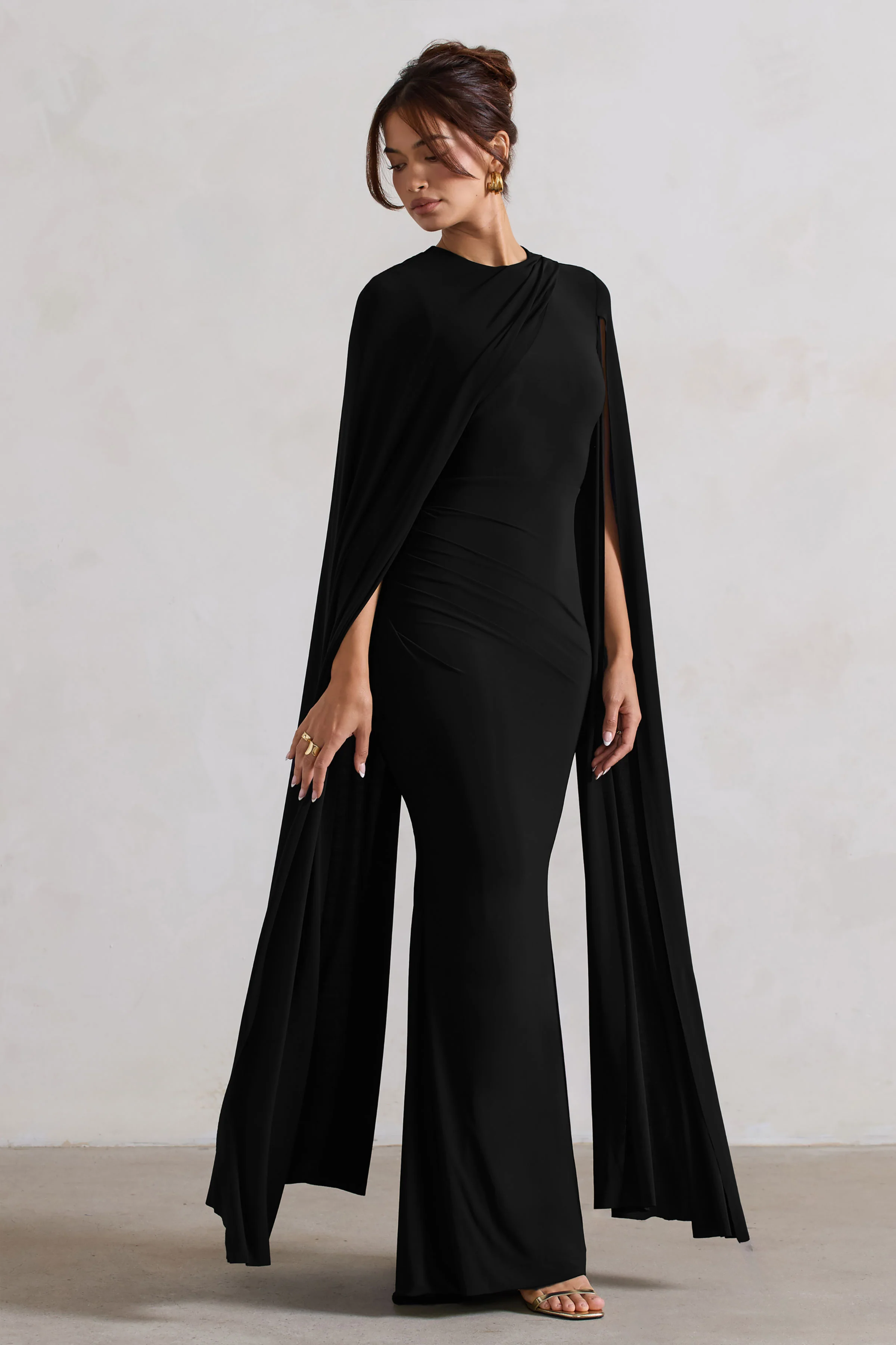 Magdelena | Black Asymmetric Cape Maxi Dress - Image 5