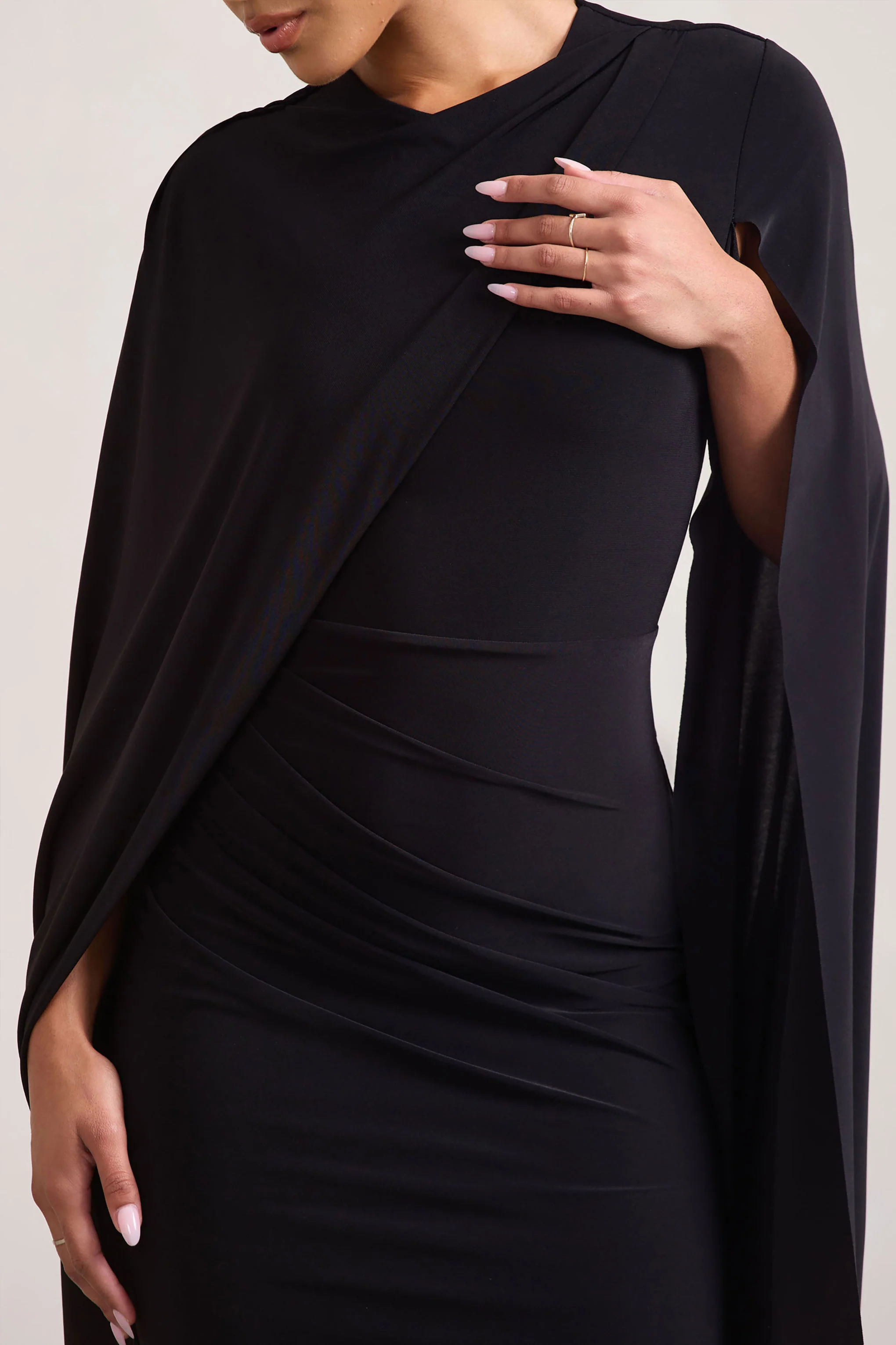Marysol | Black Asymmetric Cape Midi Dress - Image 3