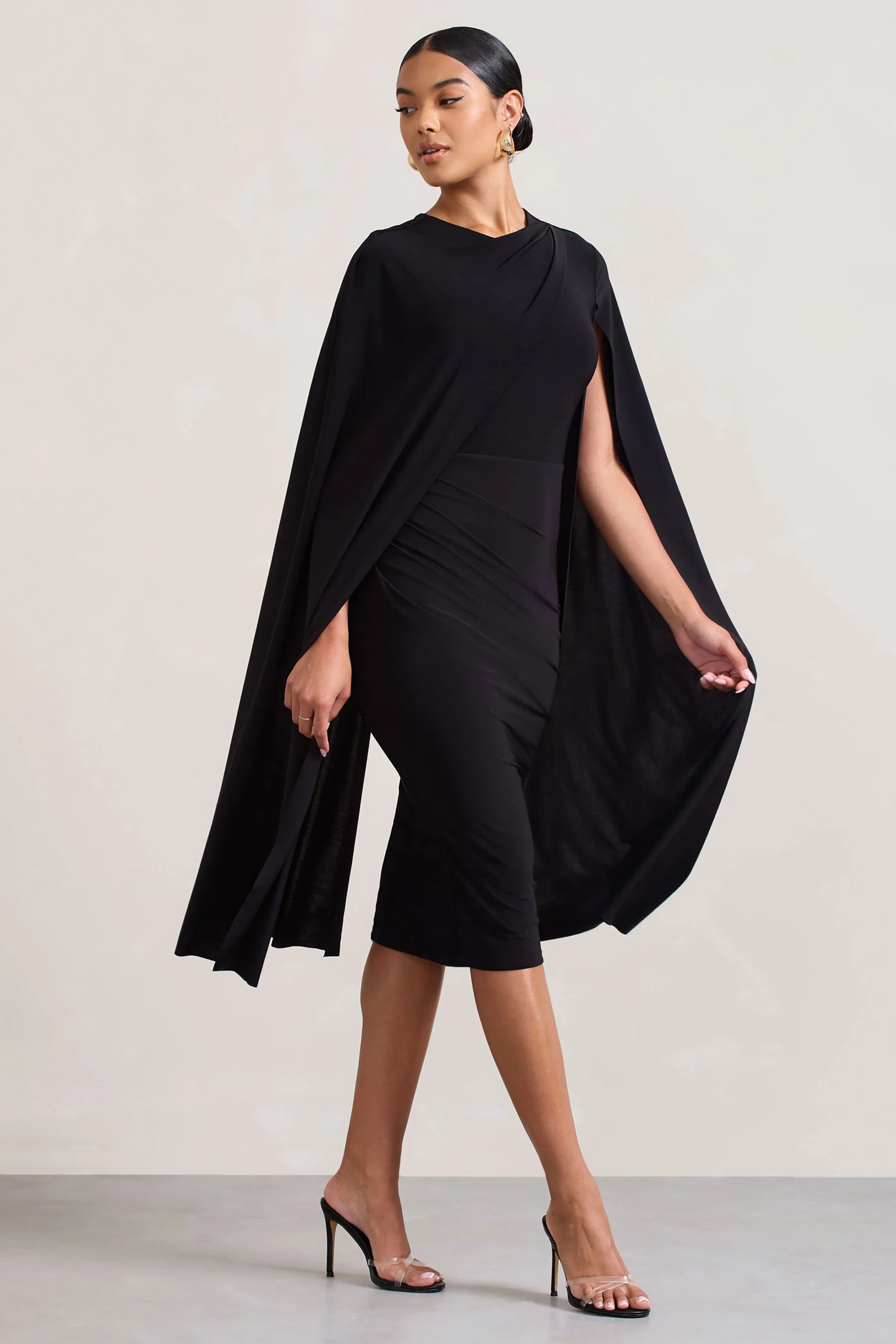 Marysol | Black Asymmetric Cape Midi Dress - Image 4