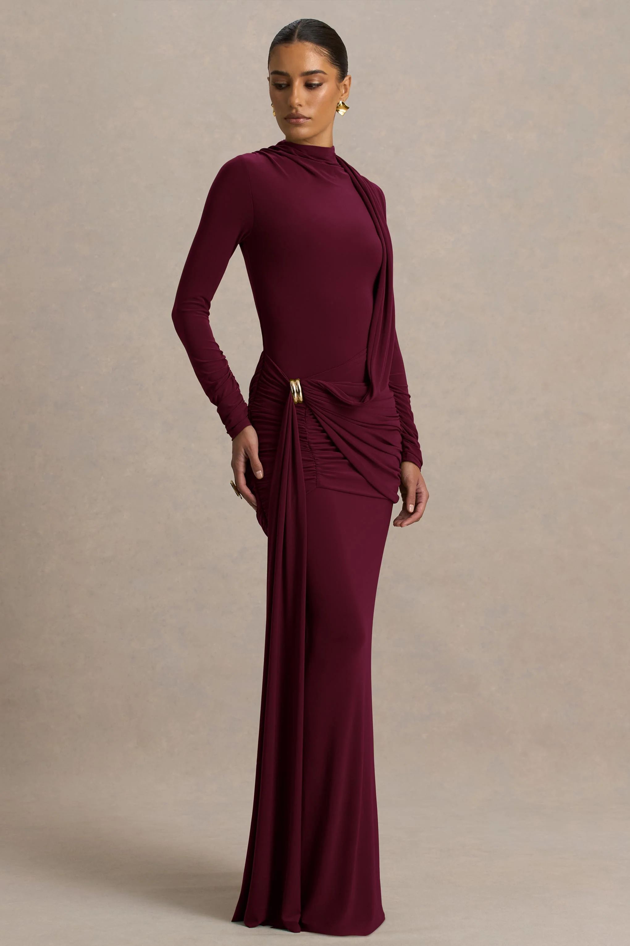 Melissa | Burgundy Long-Sleeve Wrap Maxi Dress With Draped Detailing - Image 5