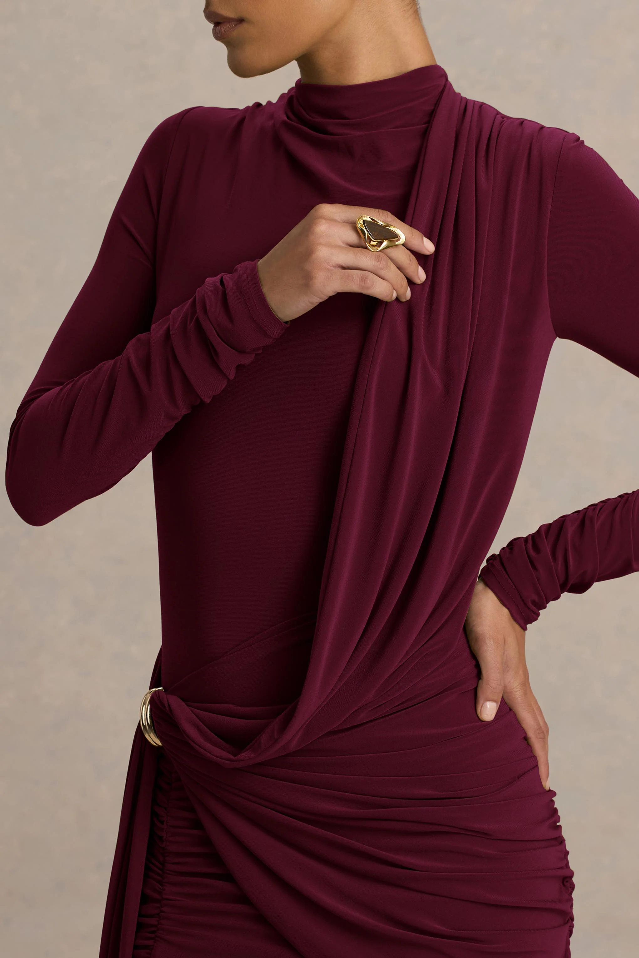 Melissa | Burgundy Long-Sleeve Wrap Maxi Dress With Draped Detailing - Image 6