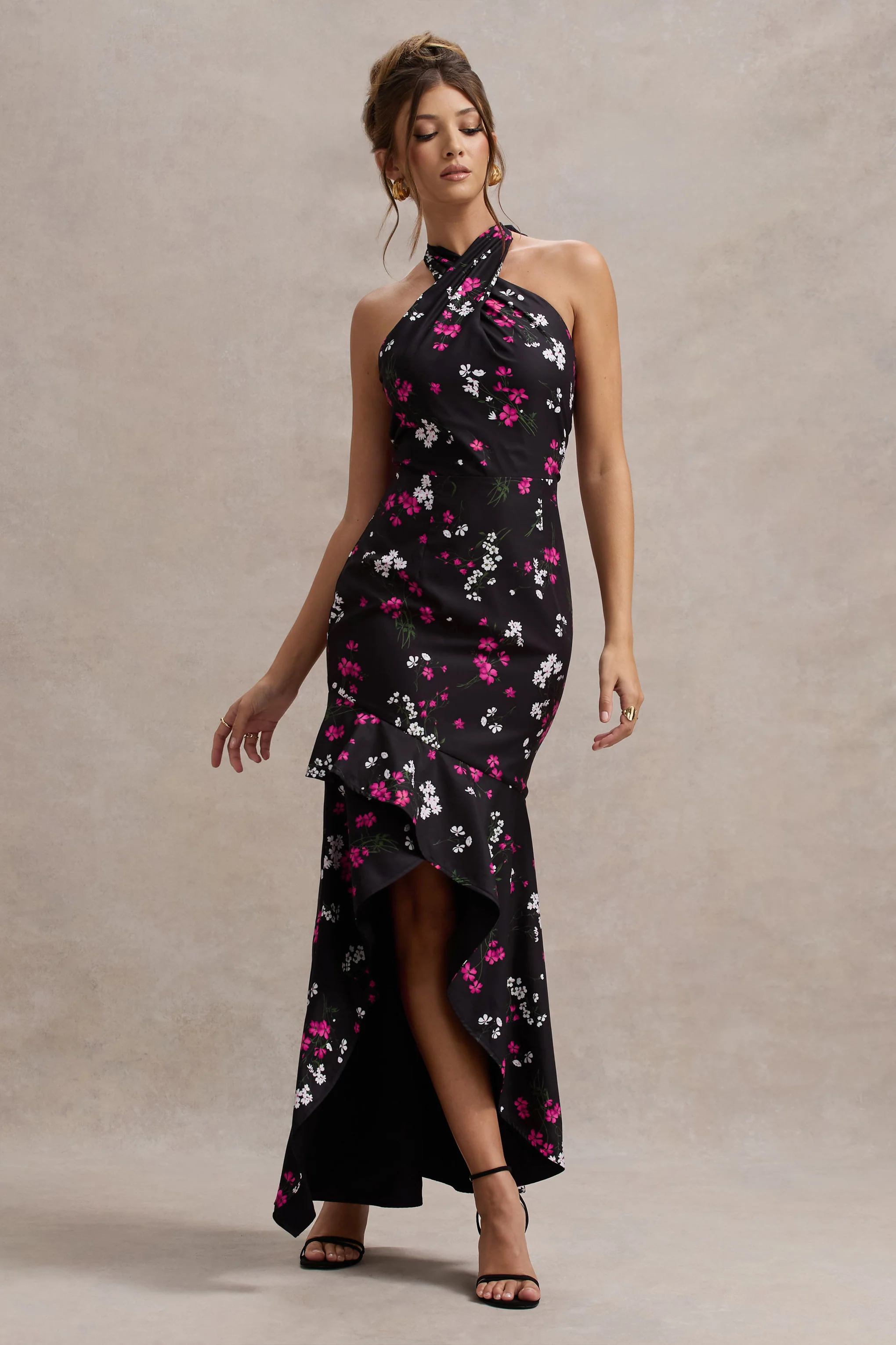 Melodia | Black Ditsy Floral Print Satin Halter-Neck Ruffled Maxi Dress - Image 3
