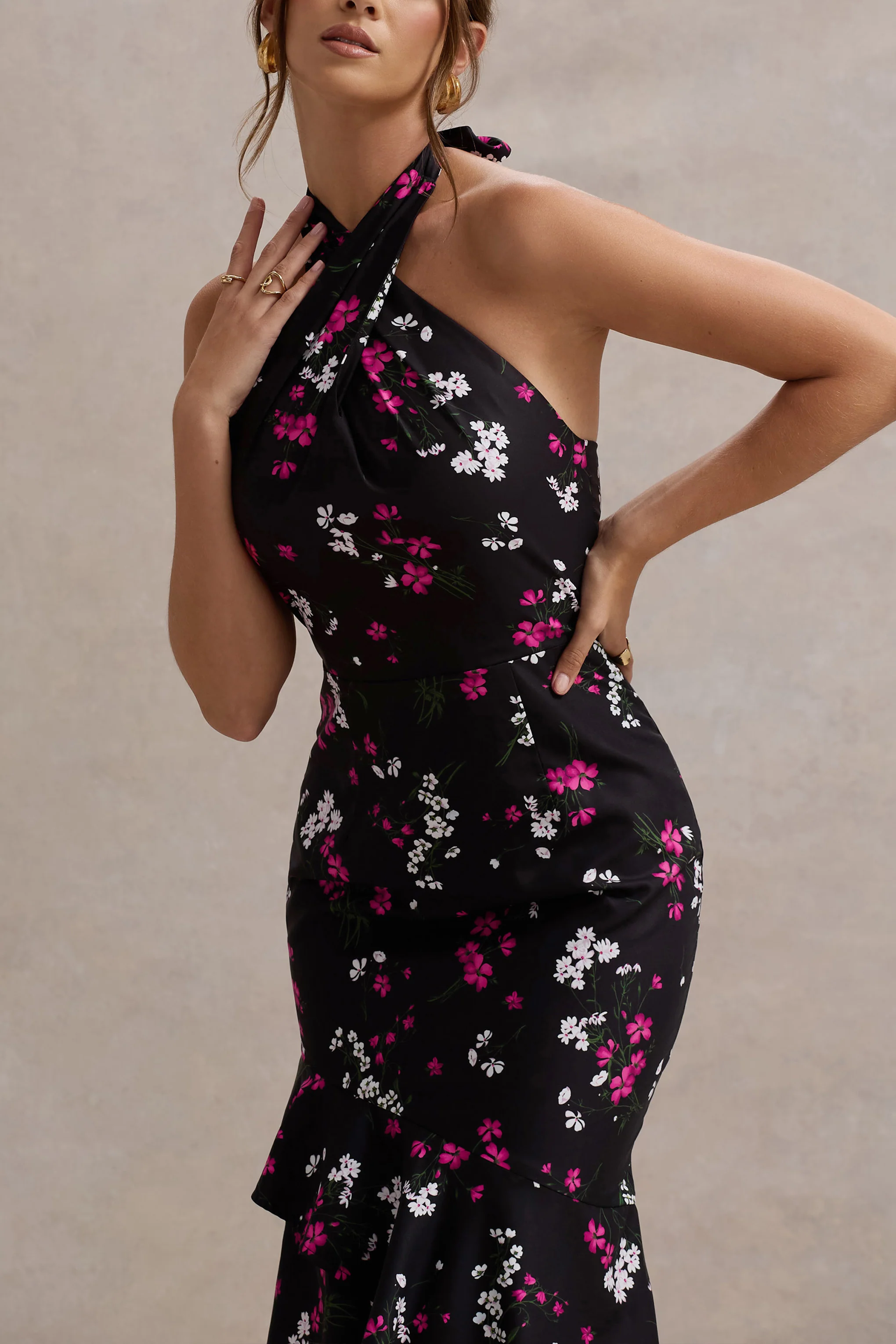 Melodia | Black Ditsy Floral Print Satin Halter-Neck Ruffled Maxi Dress - Image 4