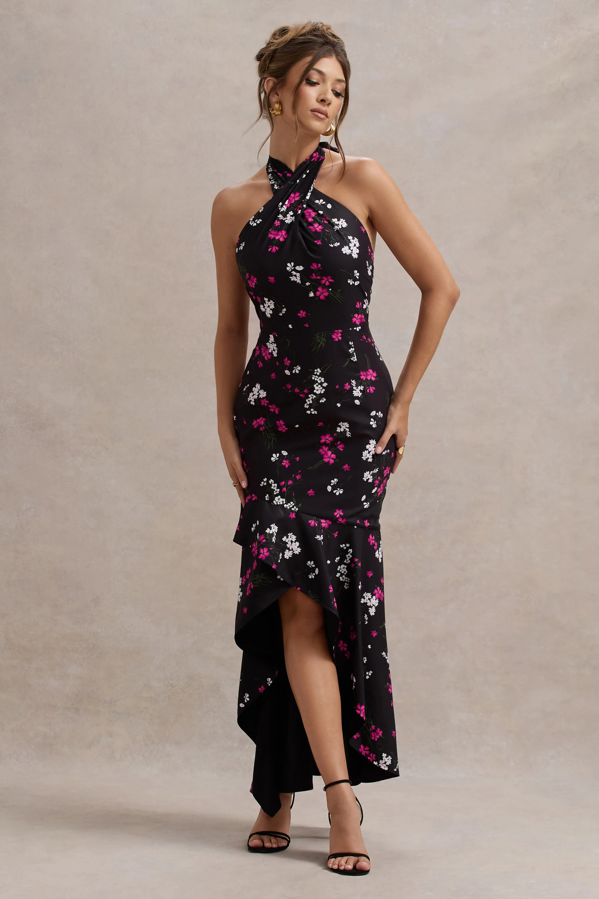 Melodia | Black Ditsy Floral Print Satin Halter-Neck Ruffled Maxi Dress - Image 5