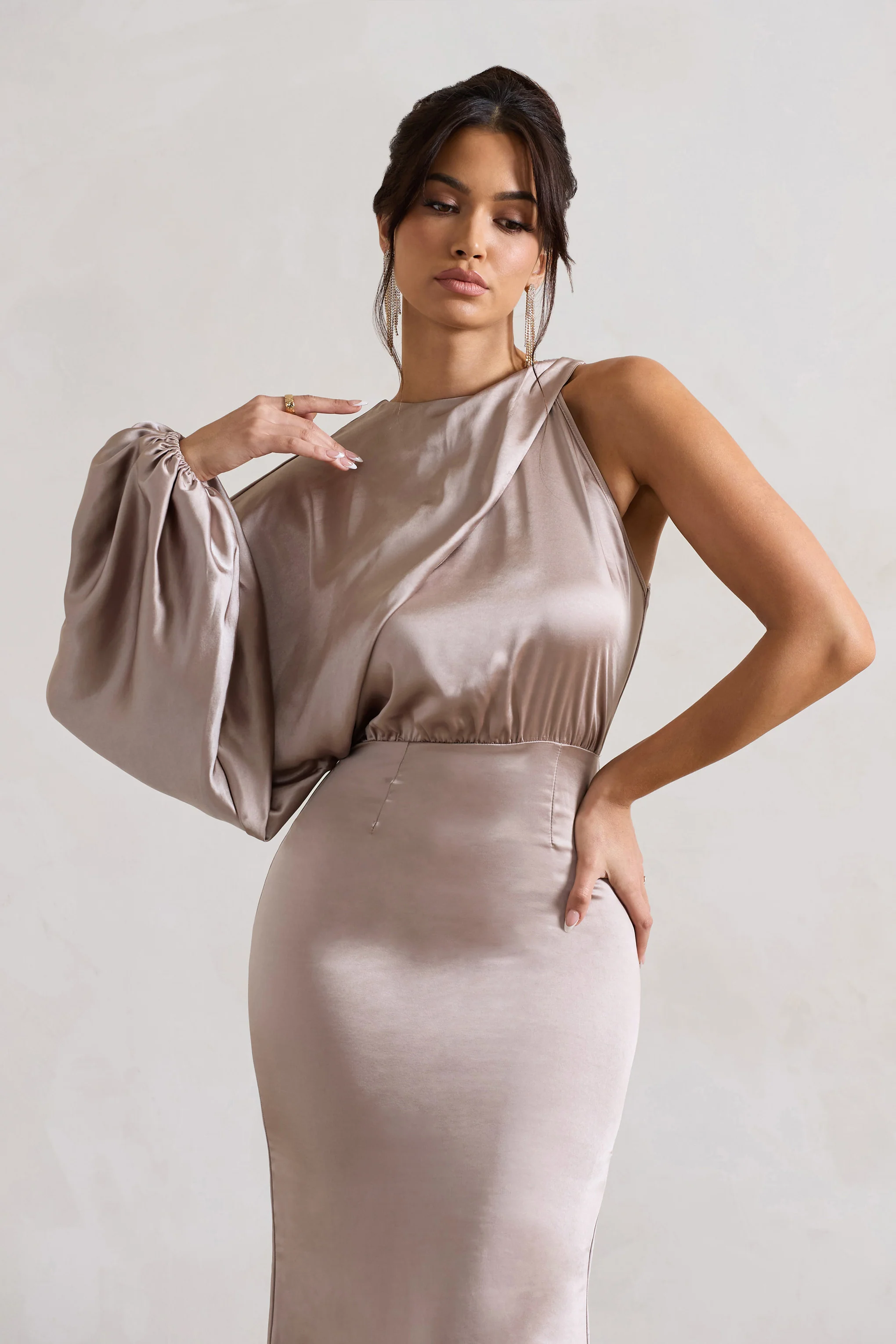 Nola | Taupe Satin One-Sleeve Midi Dress - Image 3