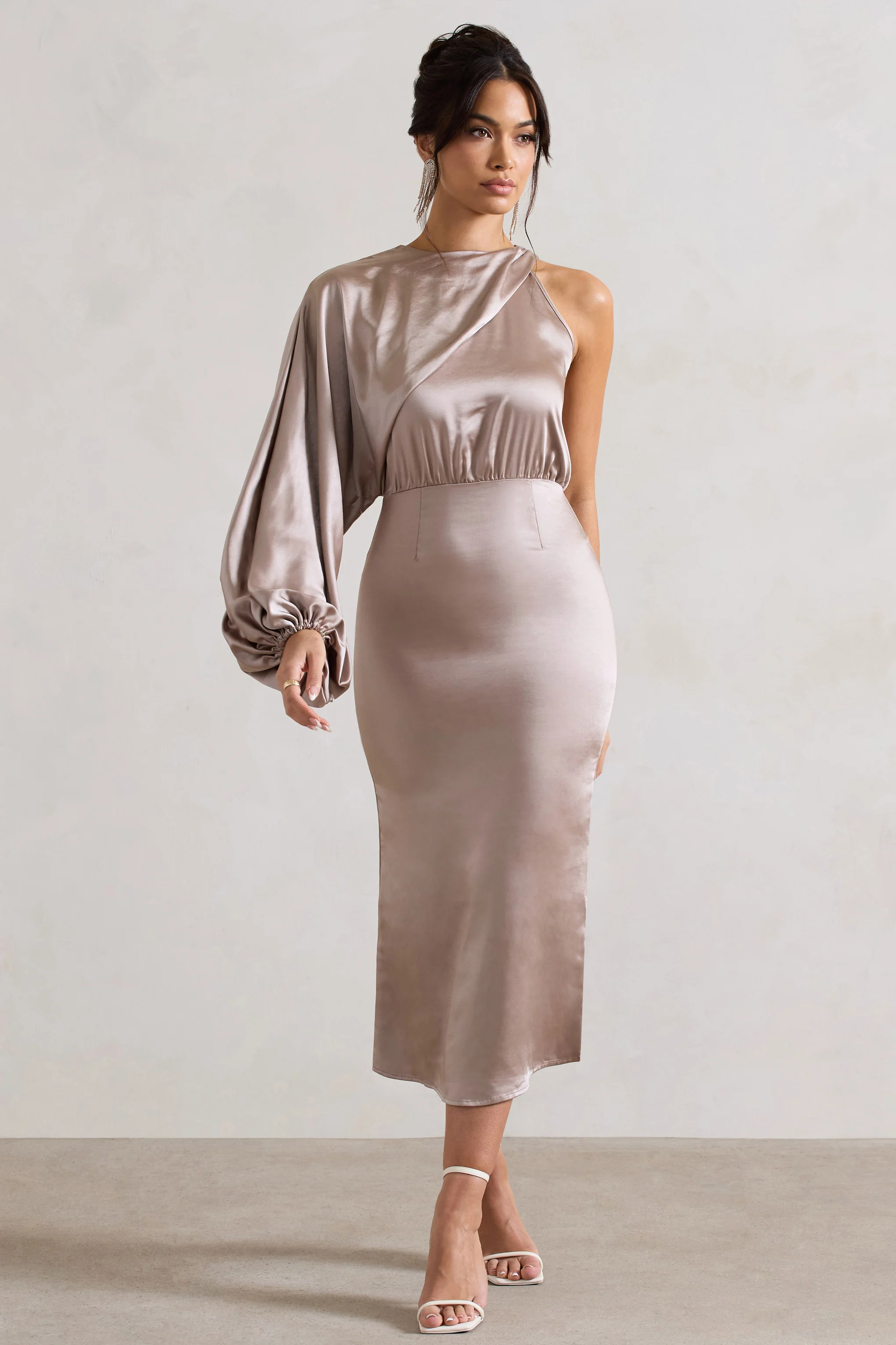 Nola | Taupe Satin One-Sleeve Midi Dress - Image 4