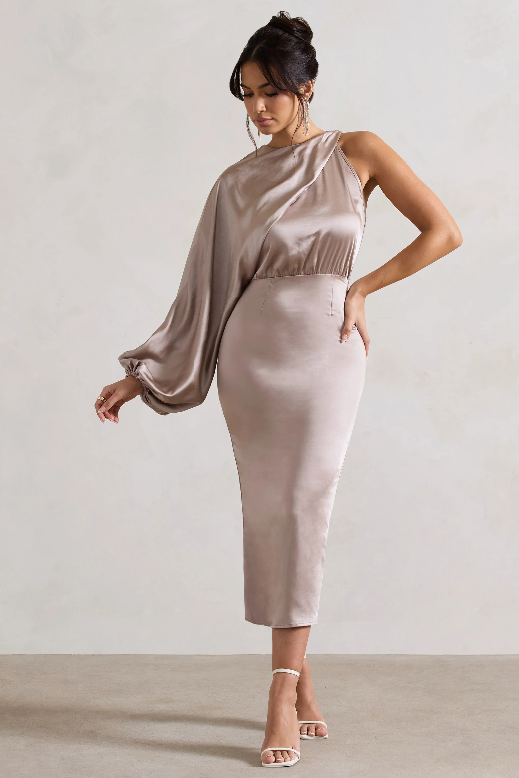 Nola | Taupe Satin One-Sleeve Midi Dress - Image 5