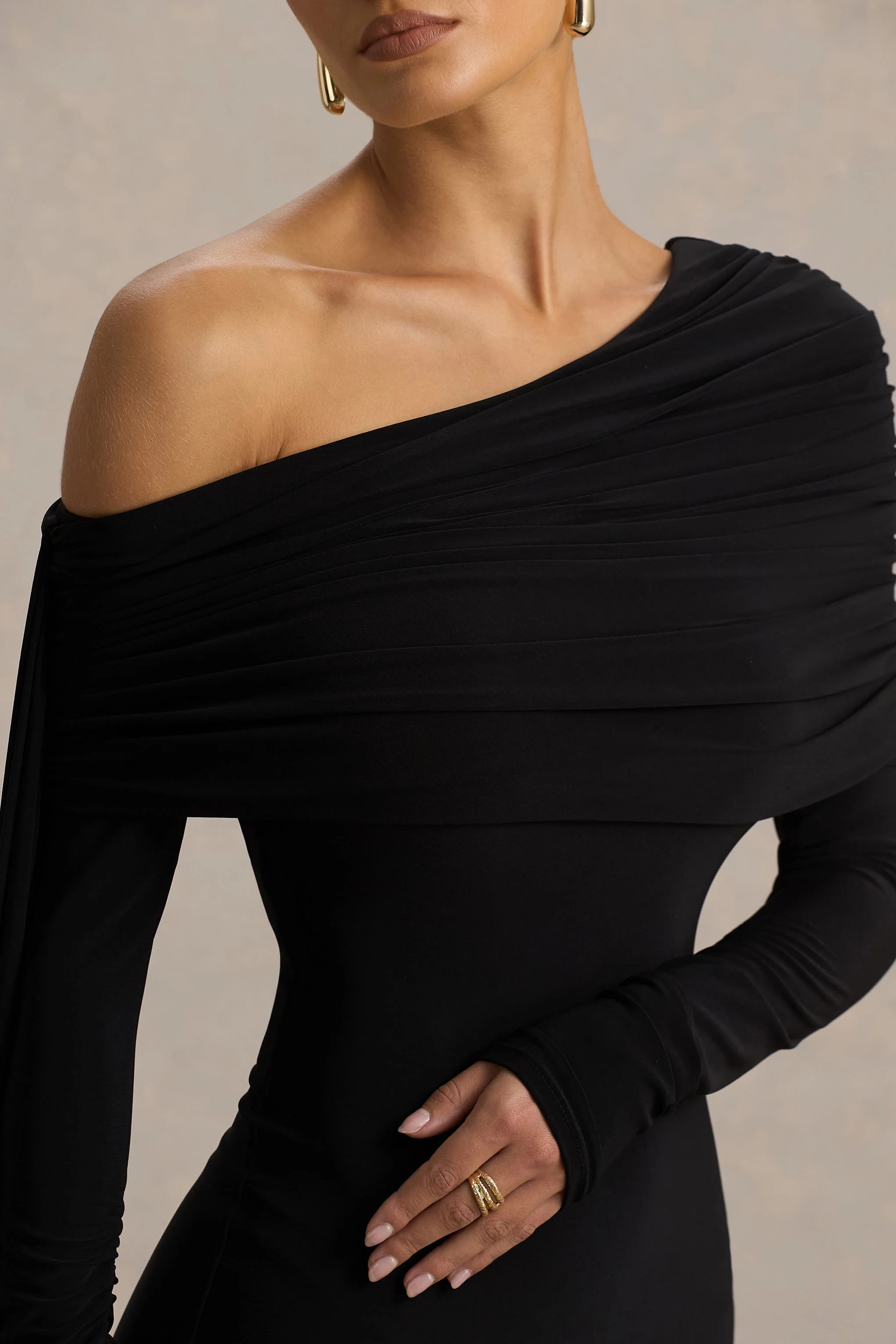 Octavia | Black Bardot-Neck Maxi Dress With Cape And Ruched Detailing - Image 6