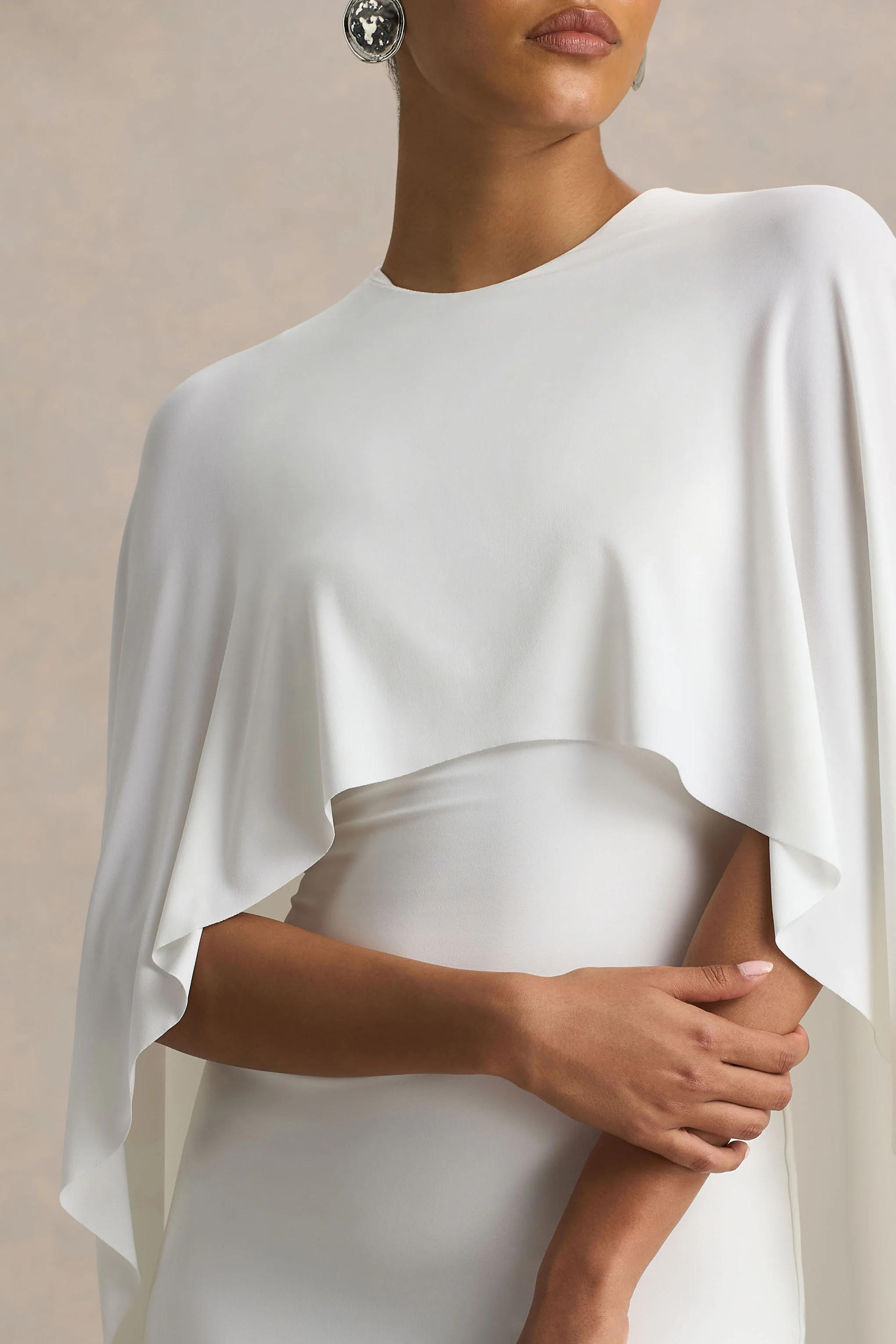 Padma | White Draped Maxi Dress With Cape Sleeves - Image 3