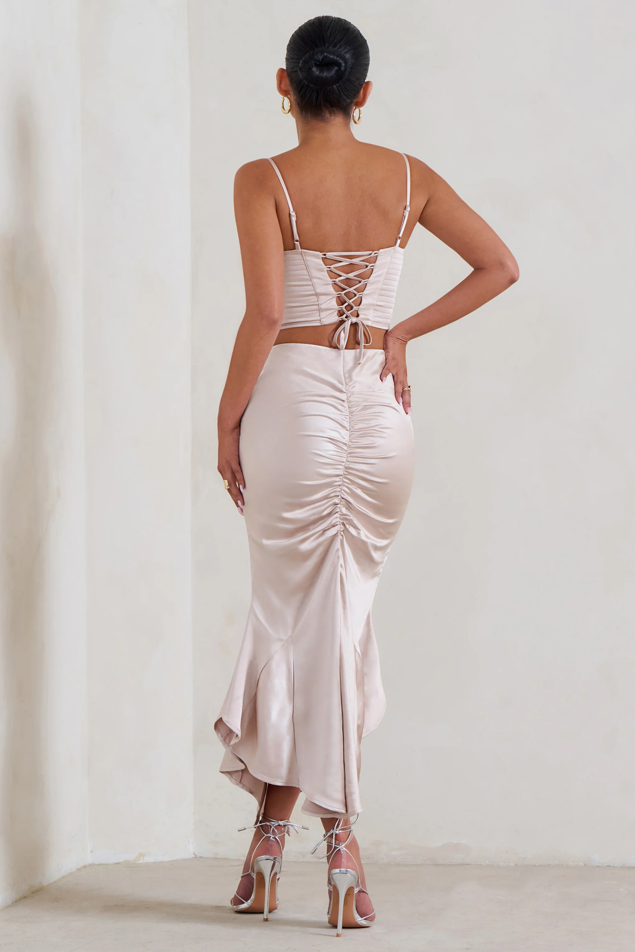 Per Favore | Champagne Satin Ruched Split Maxi Skirt - Image 3