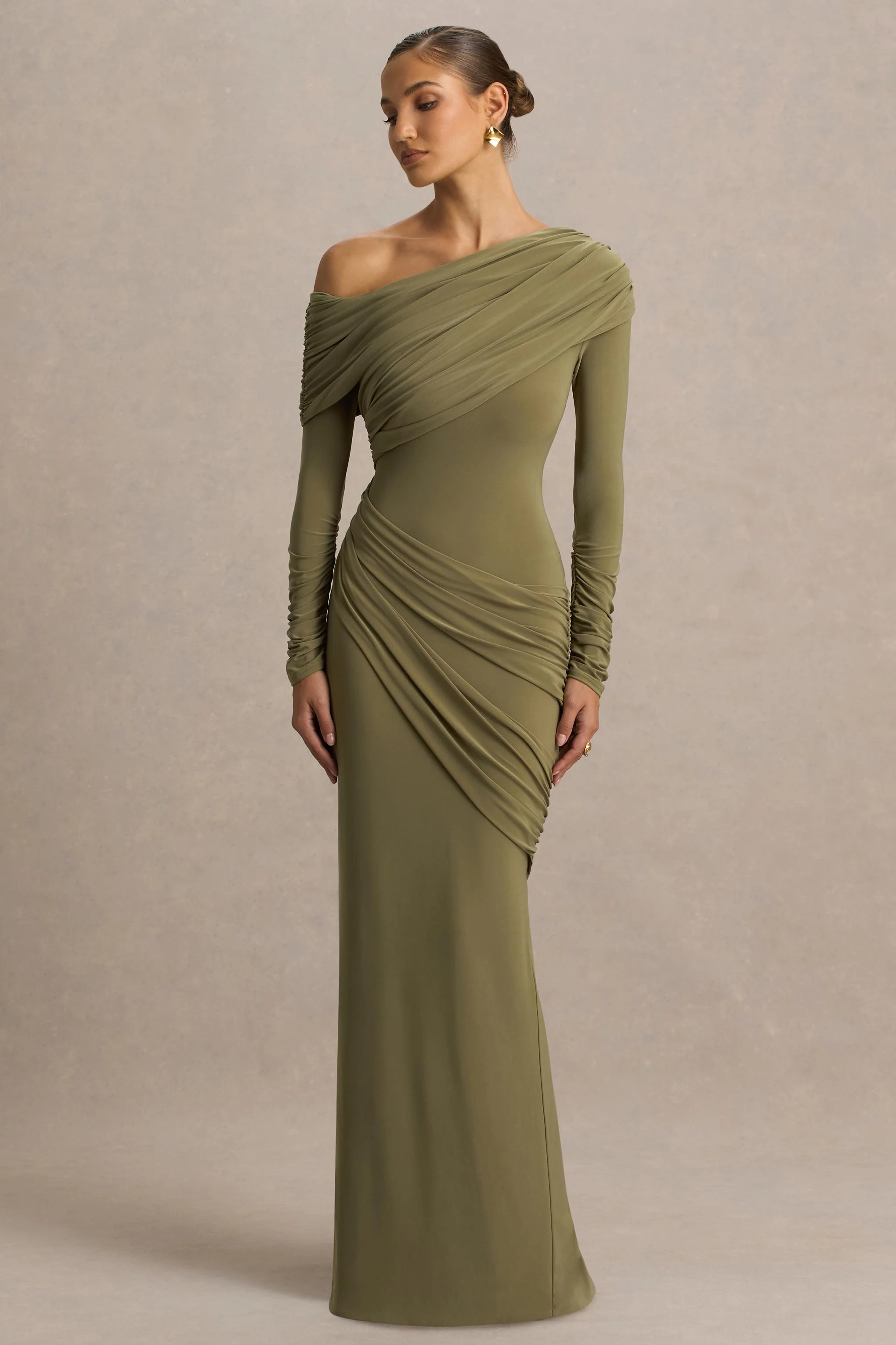 Perrie | Olive Asymmetric-Neck Maxi Dress With Ruched Detailing - Image 3