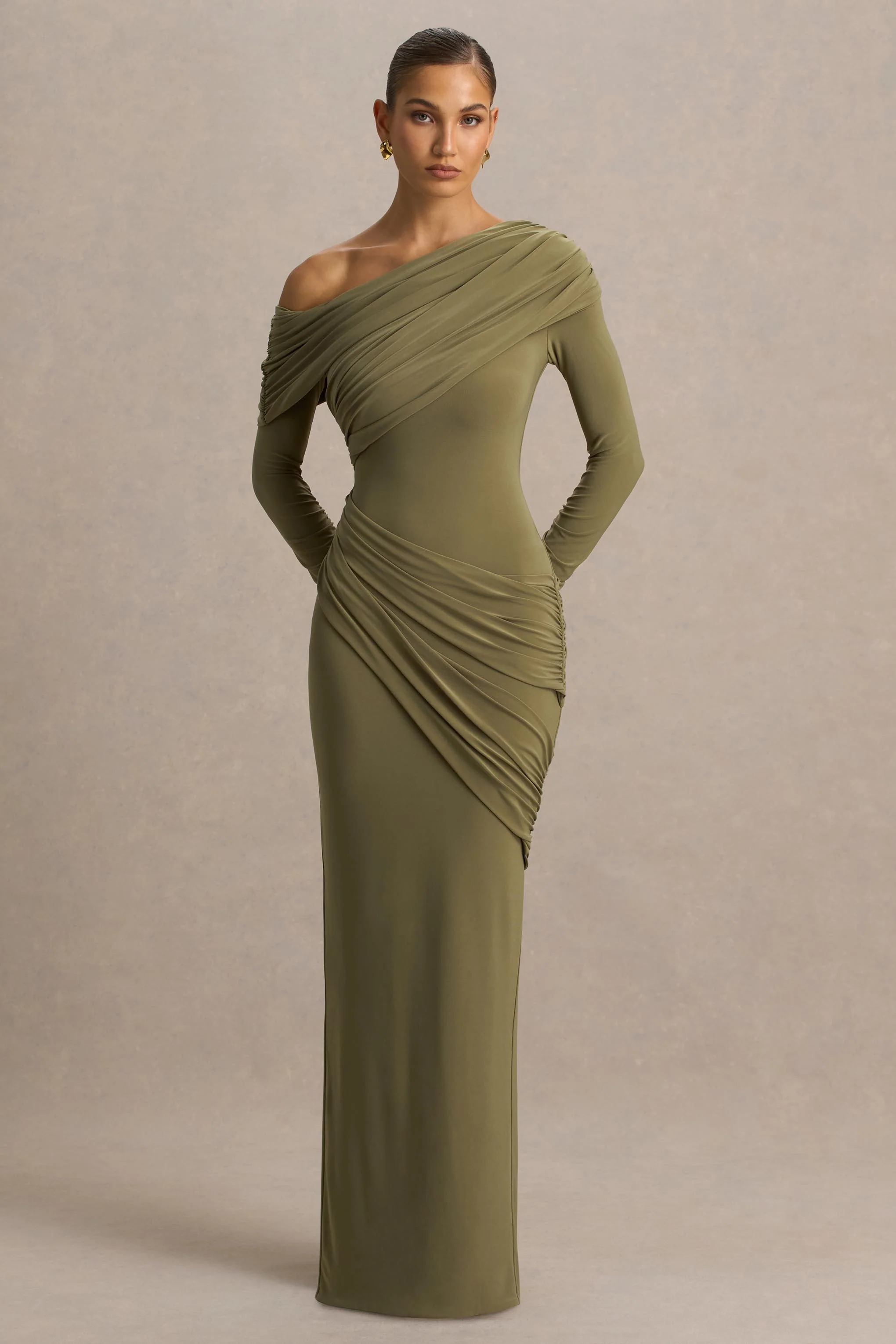 Perrie | Olive Asymmetric-Neck Maxi Dress With Ruched Detailing - Image 4