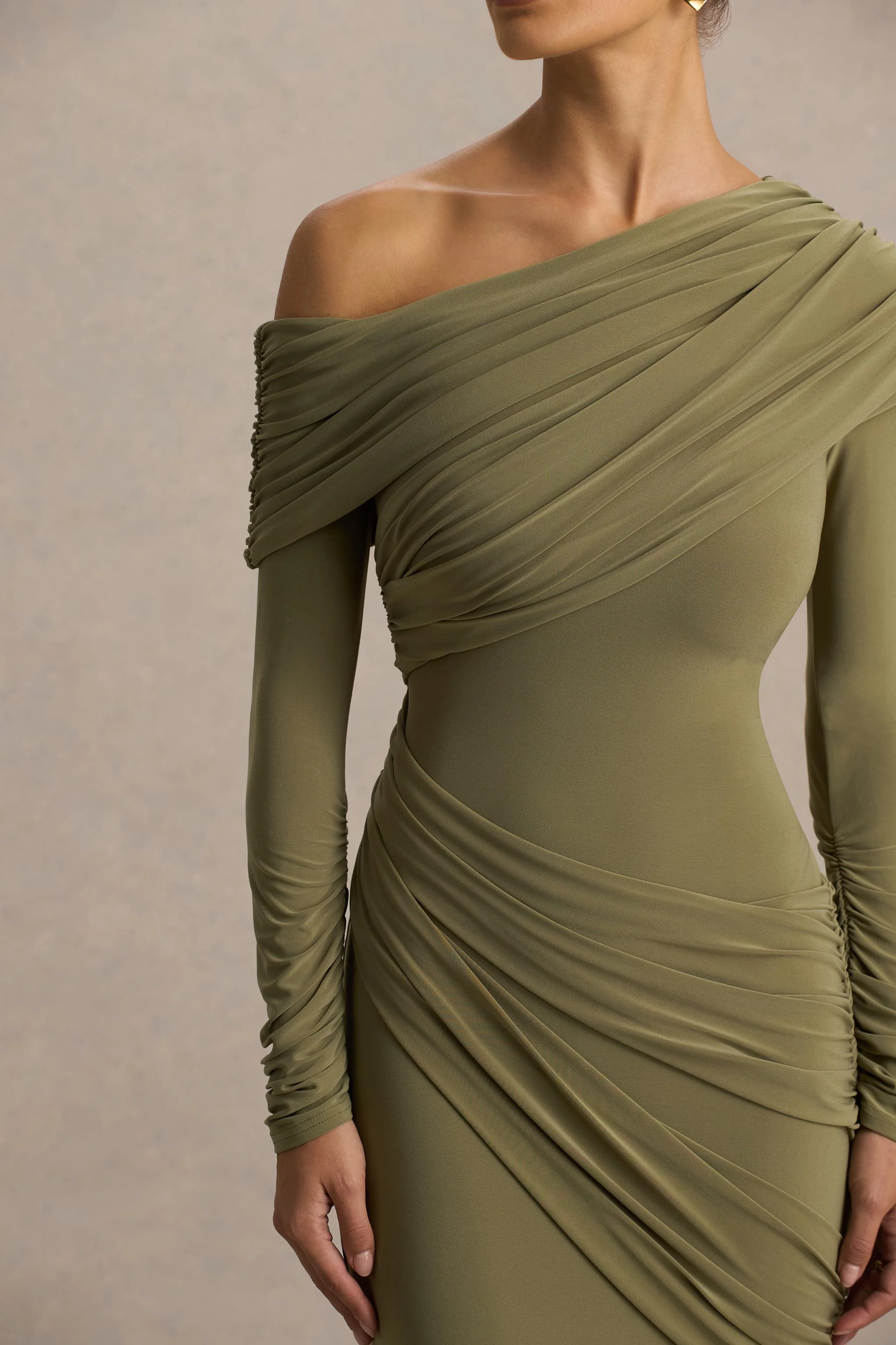 Perrie | Olive Asymmetric-Neck Maxi Dress With Ruched Detailing - Image 5