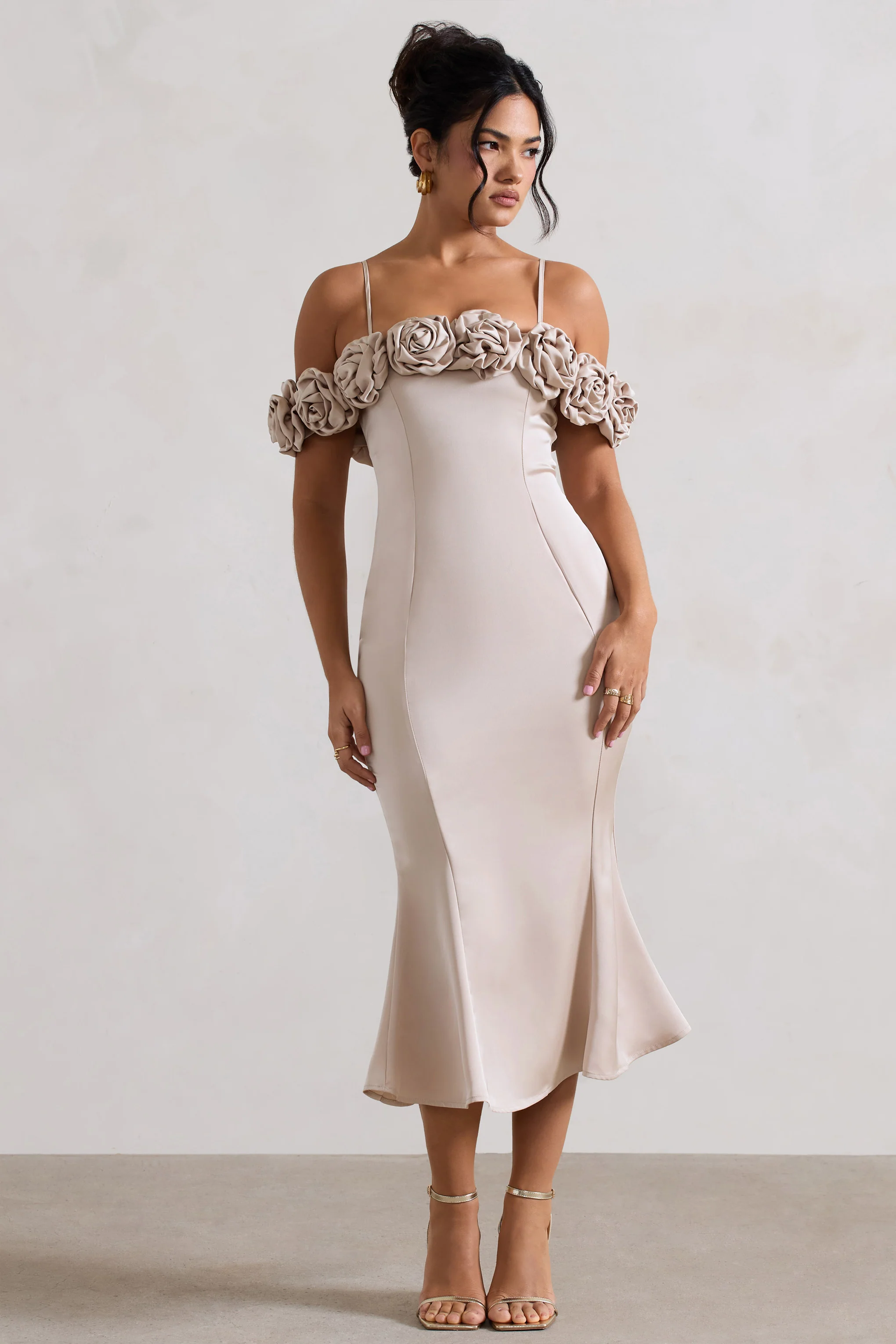 Petunia | Champagne Satin Floral Bardot Midi Dress - Image 4