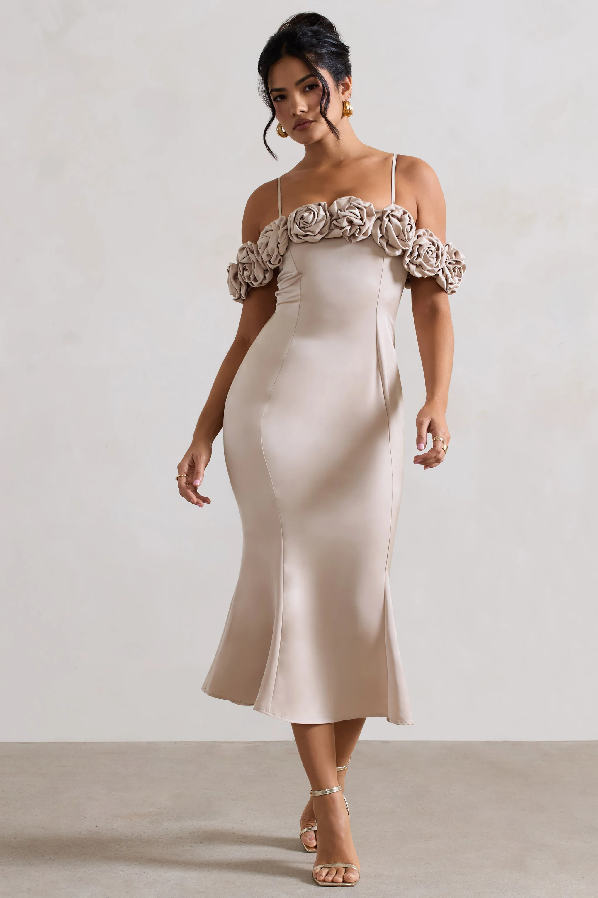 Petunia | Champagne Satin Floral Bardot Midi Dress - Image 5