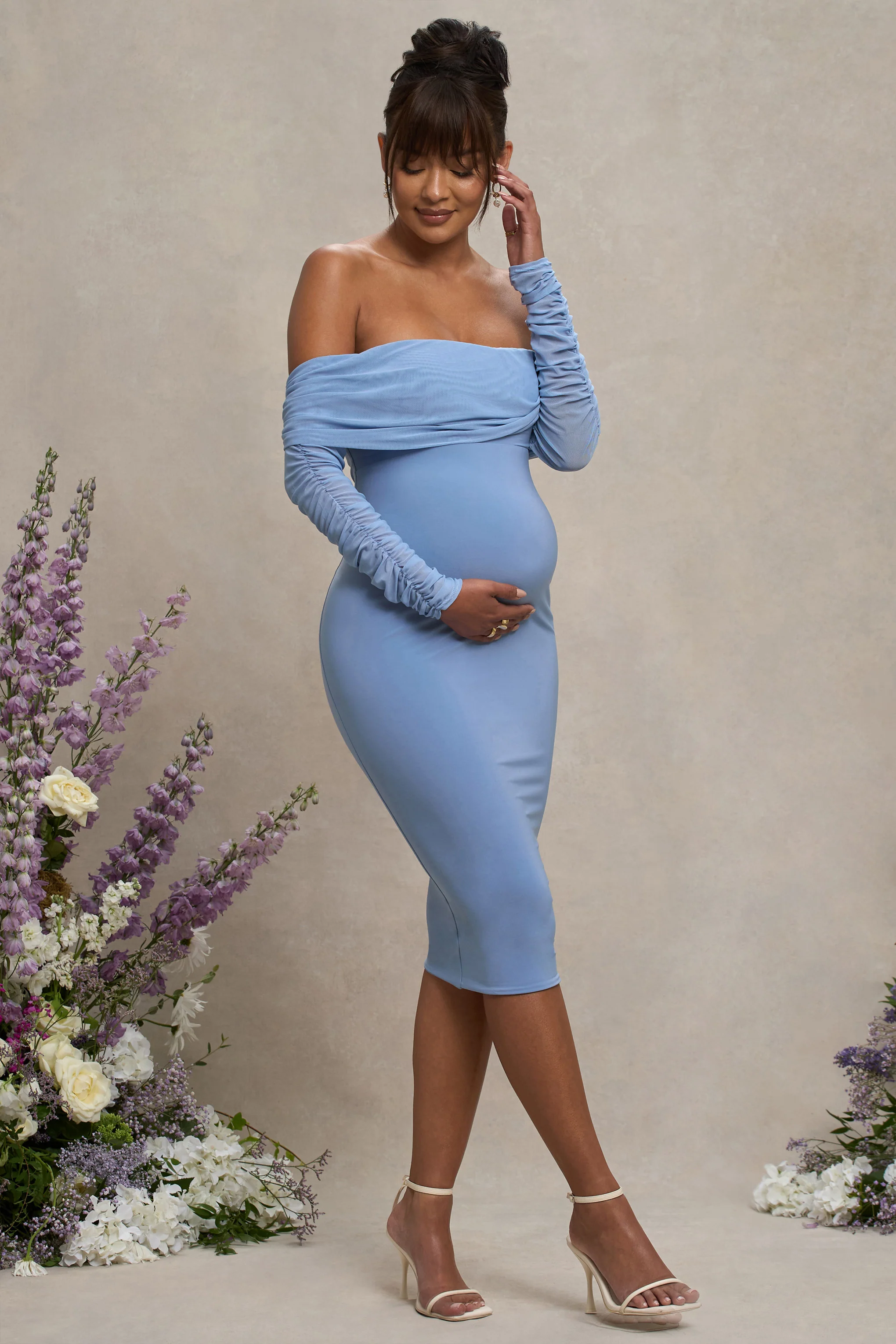 Patiently Waiting | Powder Blue Maternity Ruched Mesh Bardot Midi Dress - Image 4