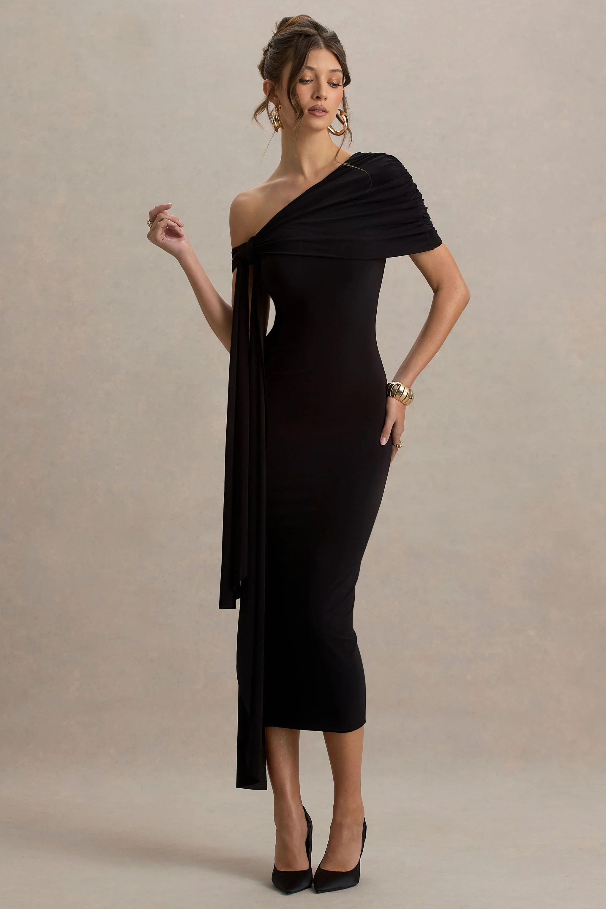 Praia | Black Asymmetric-Neck Maxi Dress With Sash and Draped Detailing - Image 4