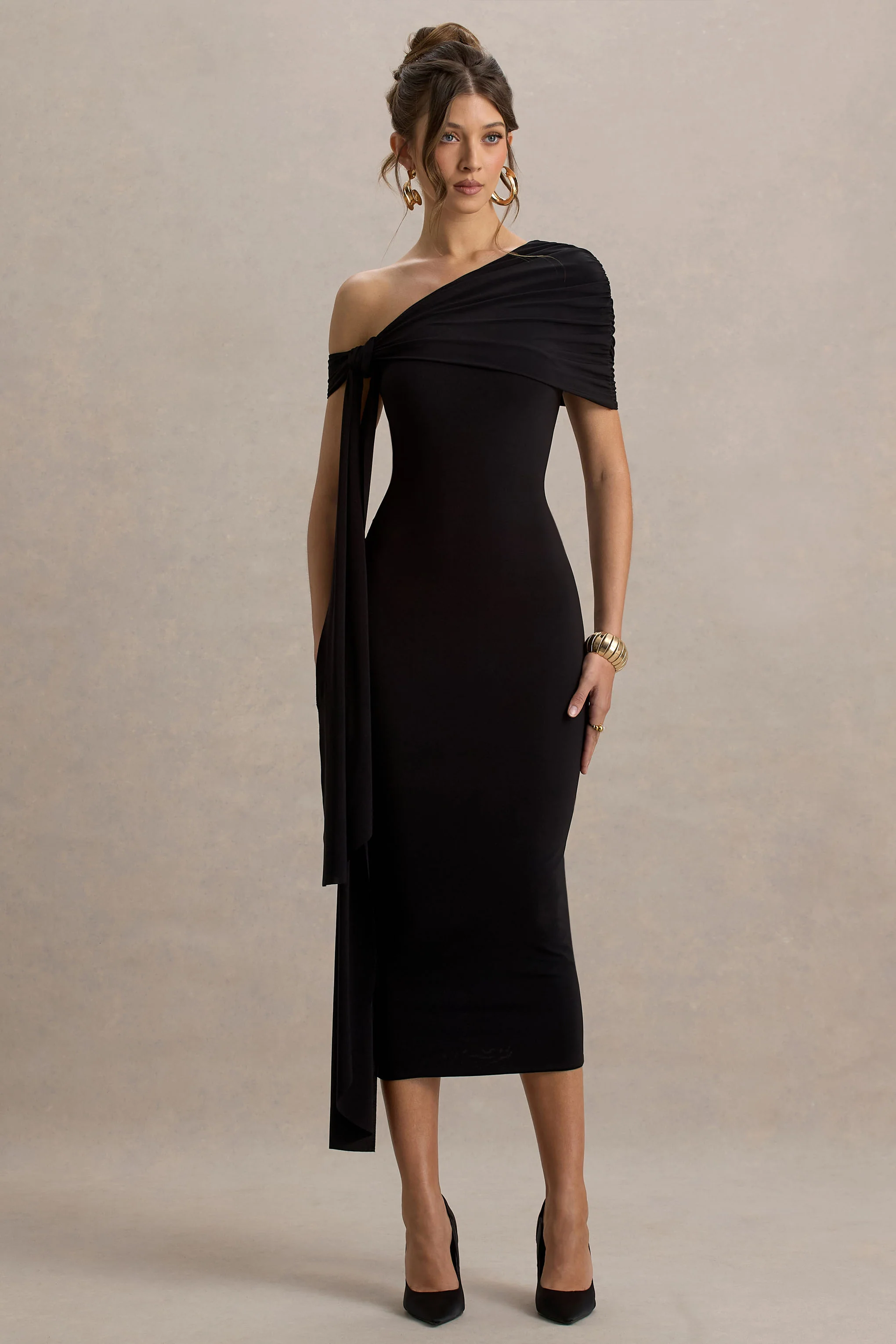 Praia | Black Asymmetric-Neck Maxi Dress With Sash and Draped Detailing - Image 5