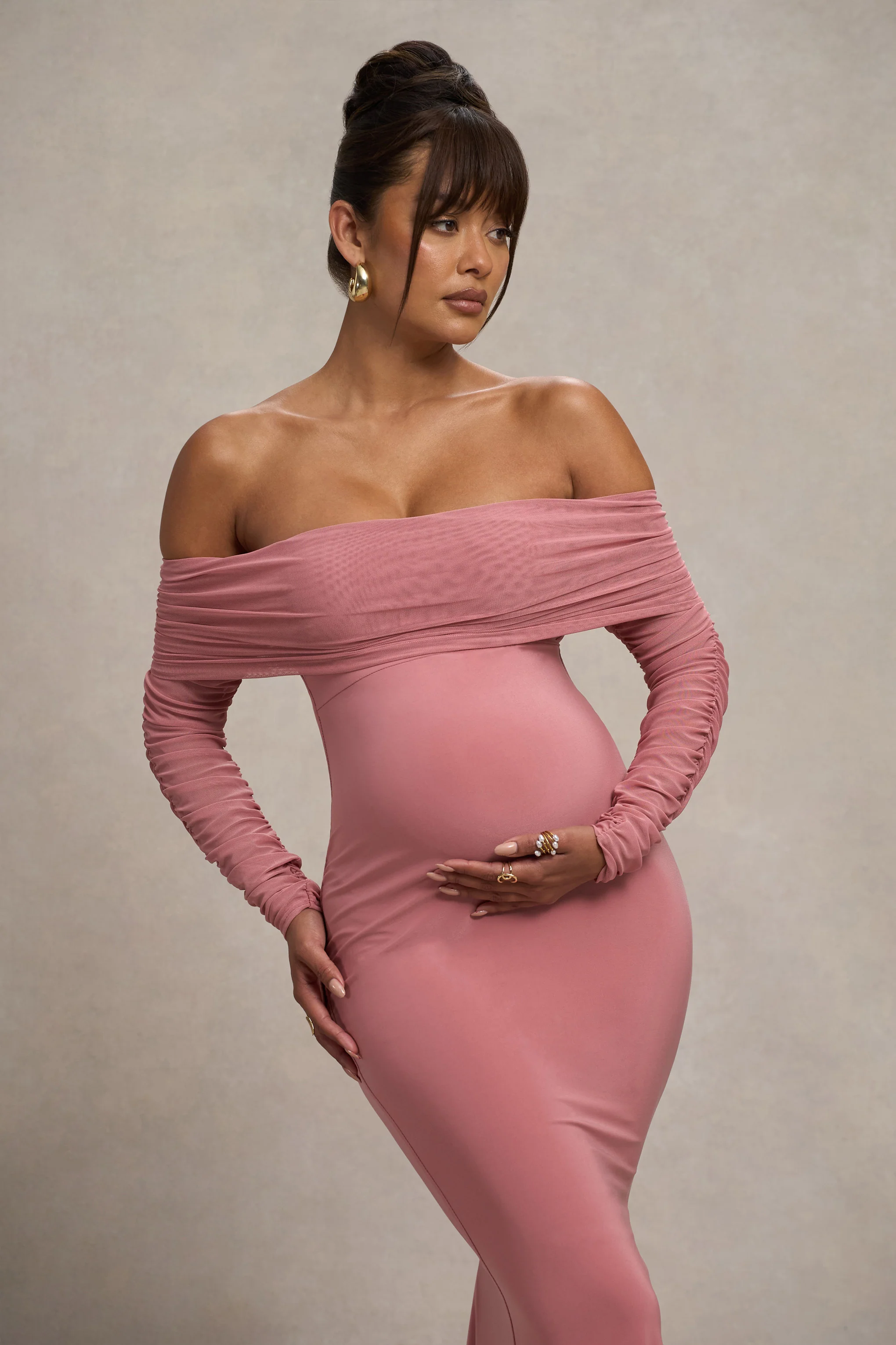 Pretty Perfect | Blush Pink Maternity Ruched Mesh Bardot Maxi Dress - Image 3