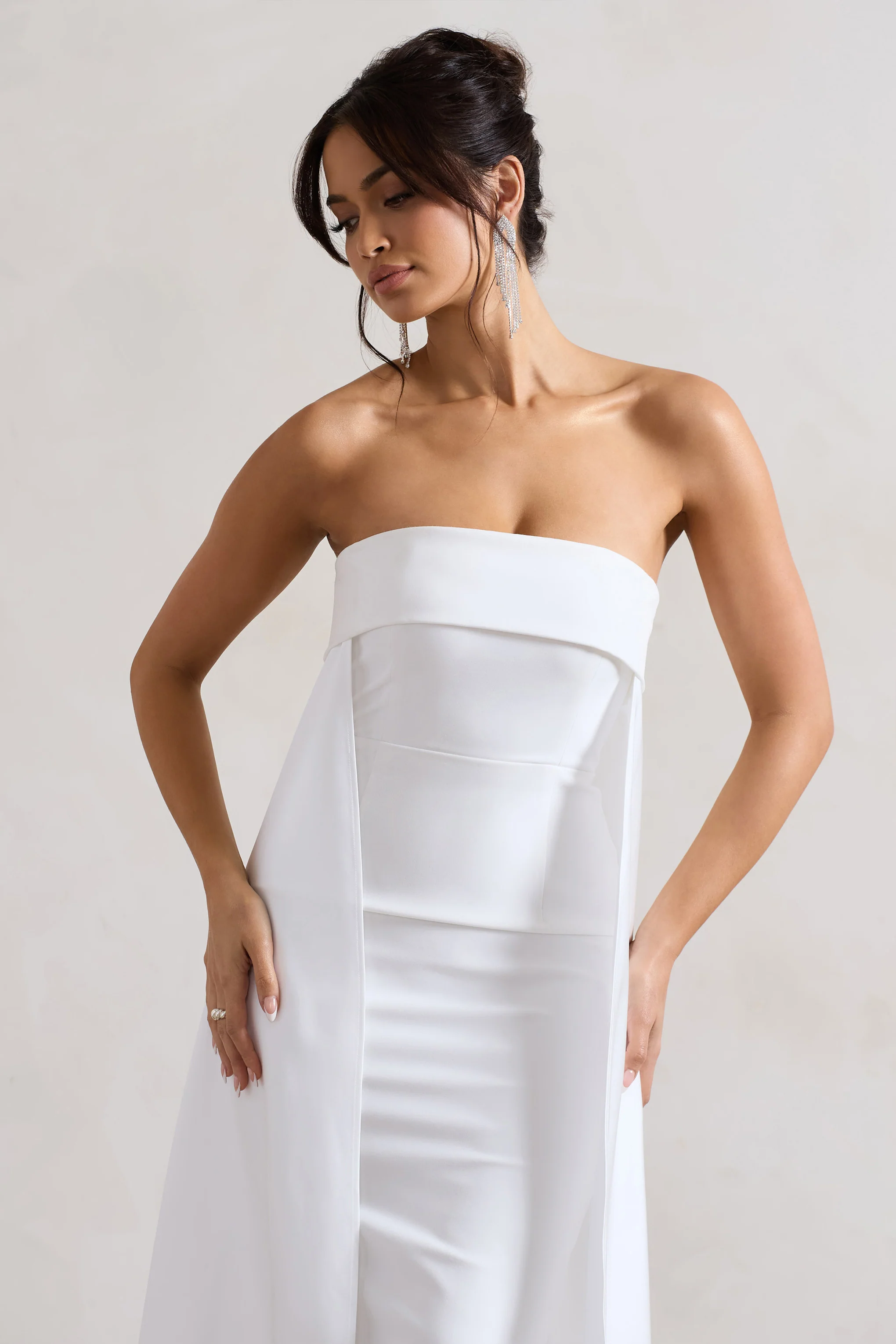 Save The Date | Cream Bandeau Midi Dress With Train - Image 3